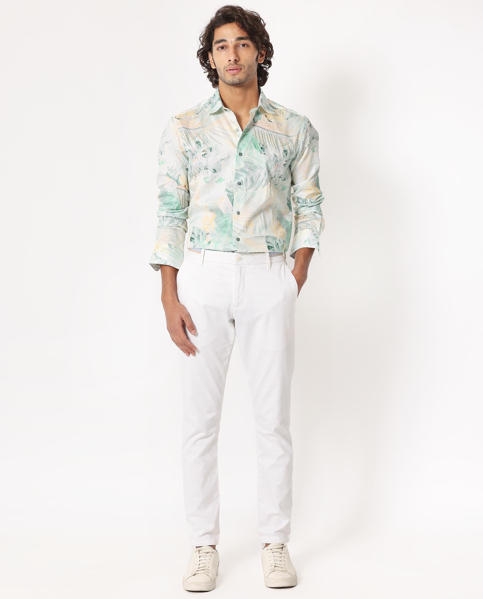 Rare Rabbit Men's Edros Off White Cotton Fabric Tropical Print Full Sleeves Shirt