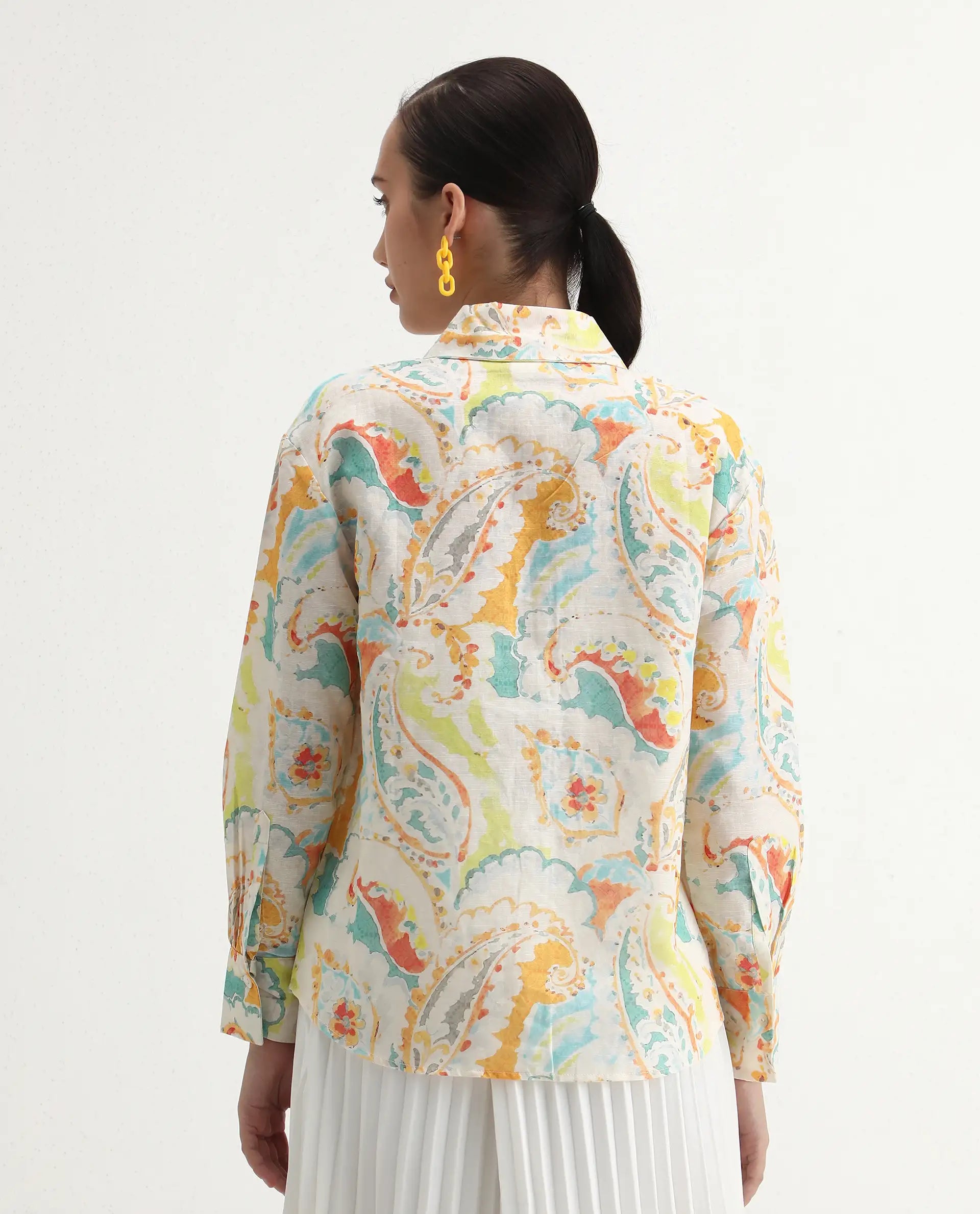 Rareism Women's Egor Flouroscent Multi Cotton Drop Collar Paisley Print Cuffed Sleeve Regular Fit Top