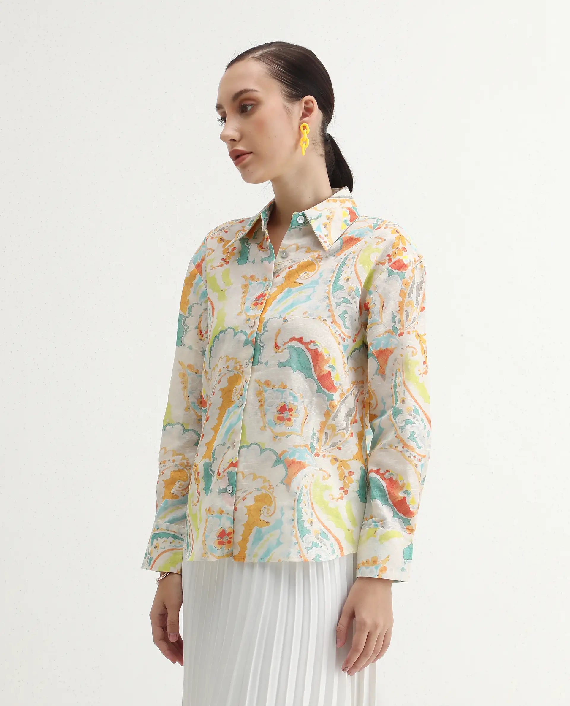 Rareism Women's Egor Flouroscent Multi Cotton Drop Collar Paisley Print Cuffed Sleeve Regular Fit Top