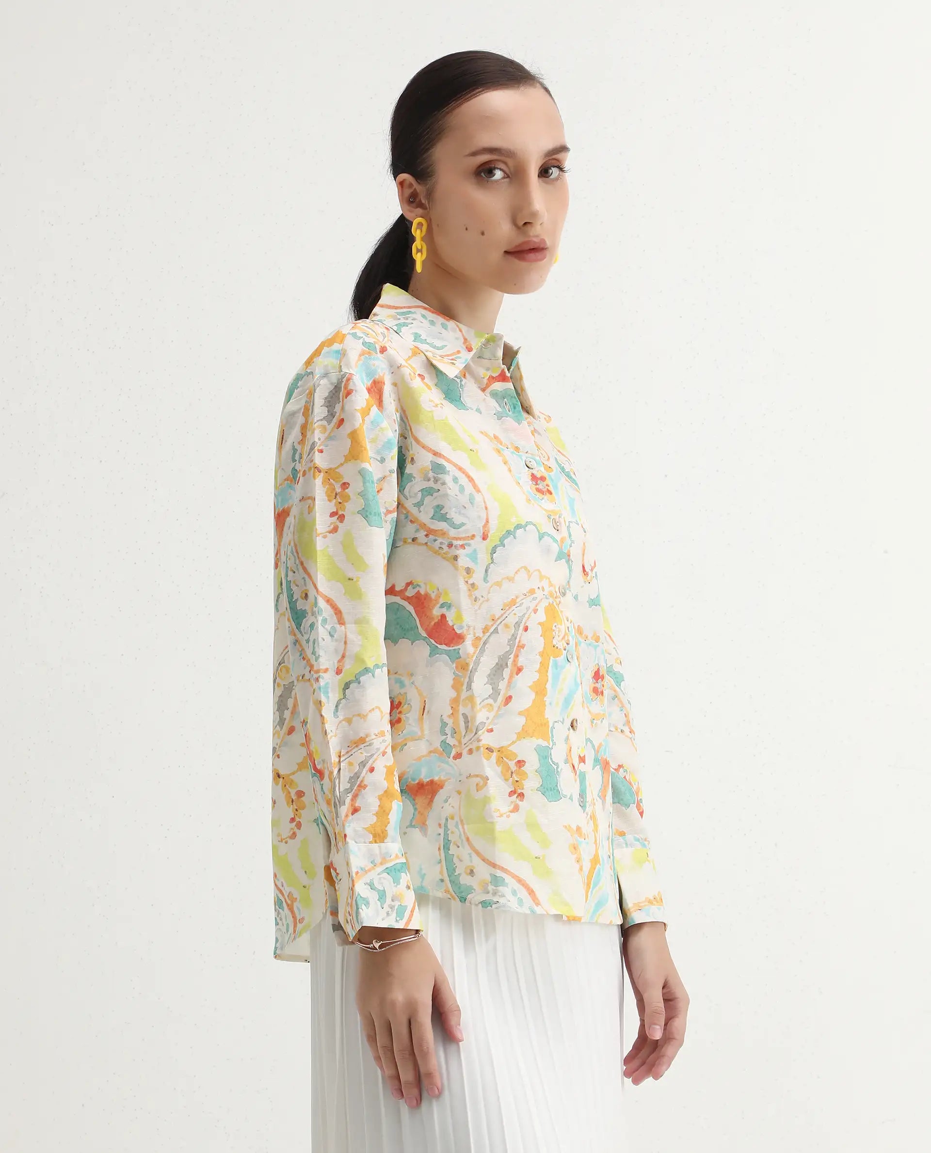 Rareism Women's Egor Flouroscent Multi Cotton Drop Collar Paisley Print Cuffed Sleeve Regular Fit Top