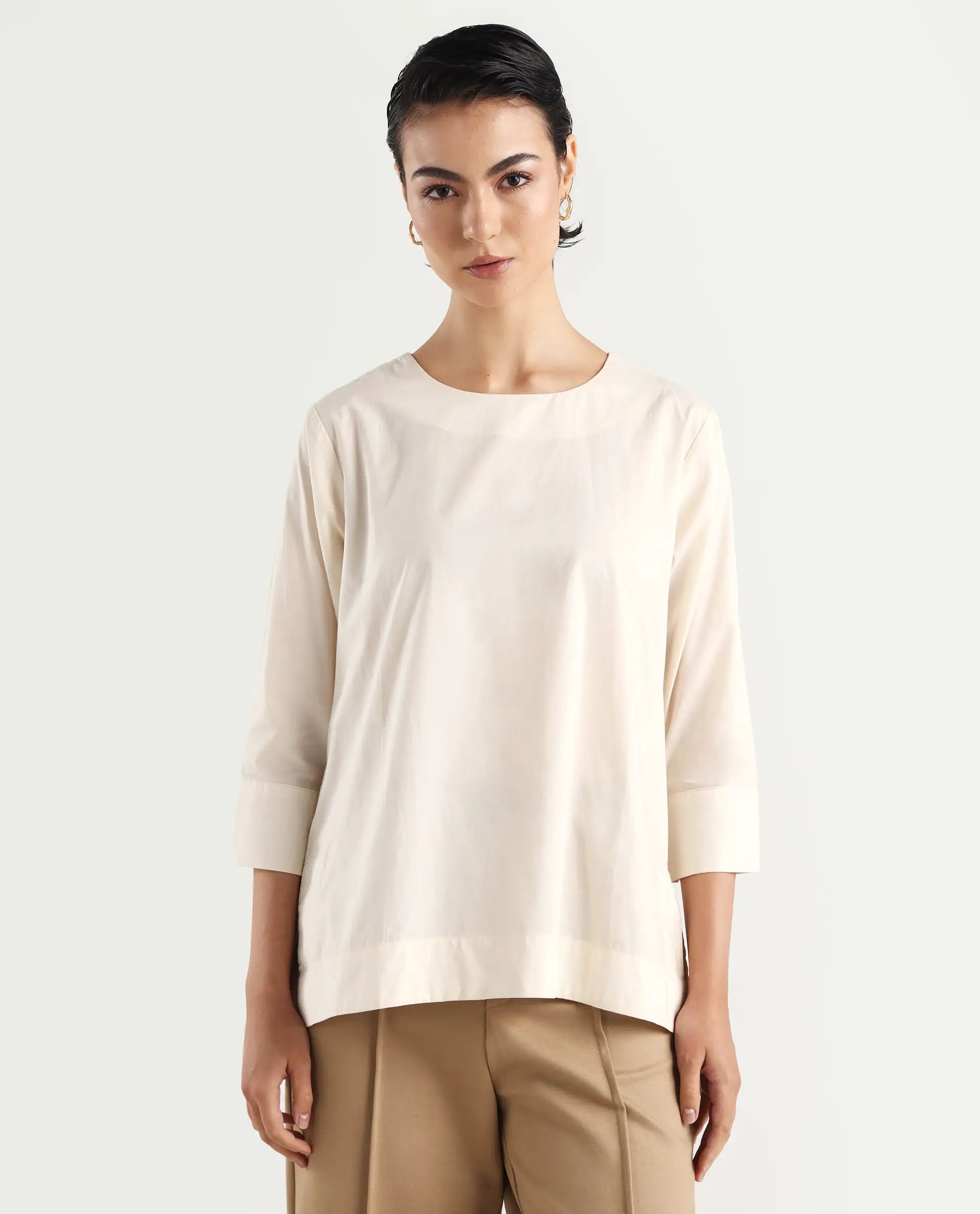 Rareism Women's Ehaan Beige Crew Neck Plain Cuffed Sleeve Regular Fit Top