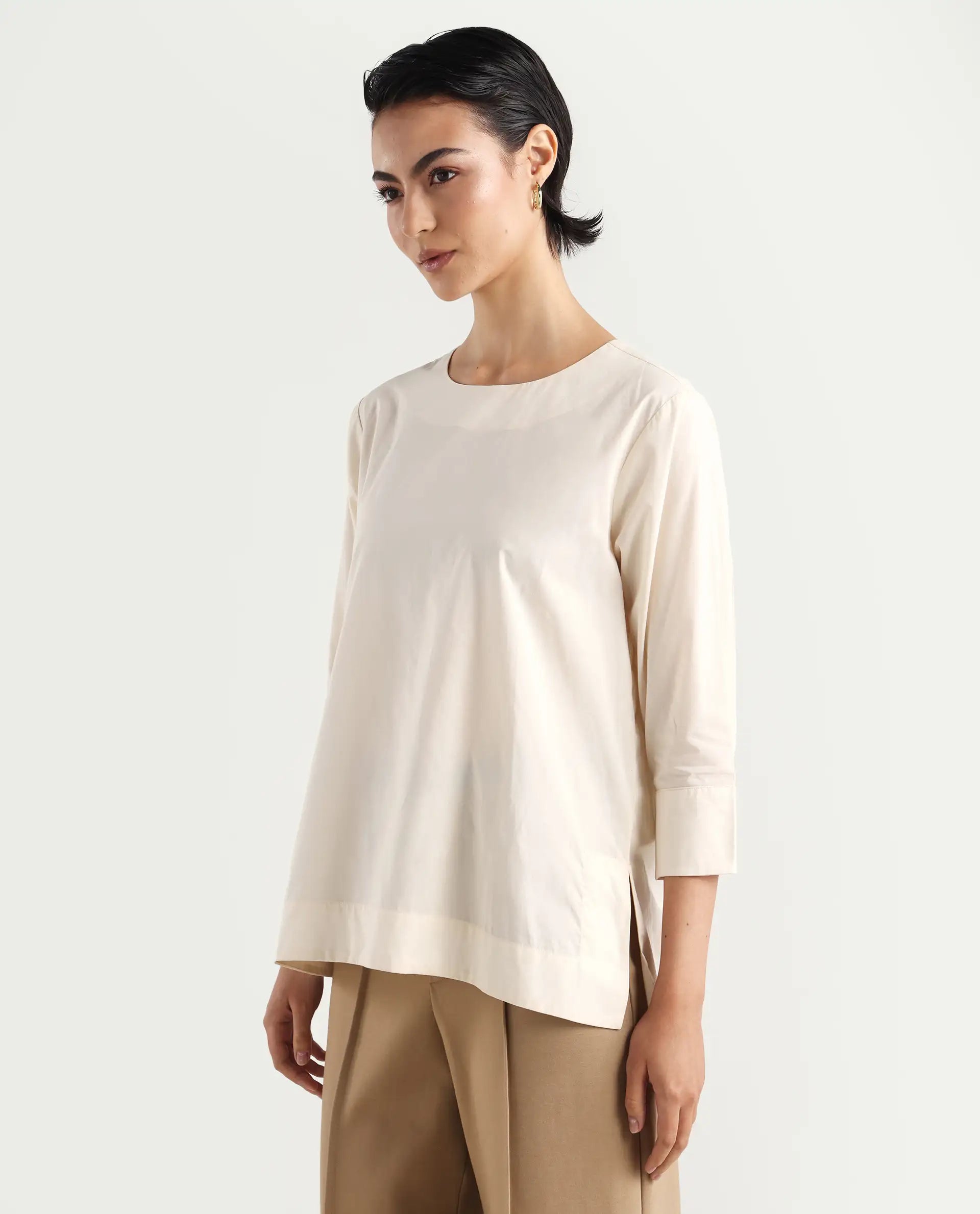 Rareism Women's Ehaan Beige Crew Neck Plain Cuffed Sleeve Regular Fit Top