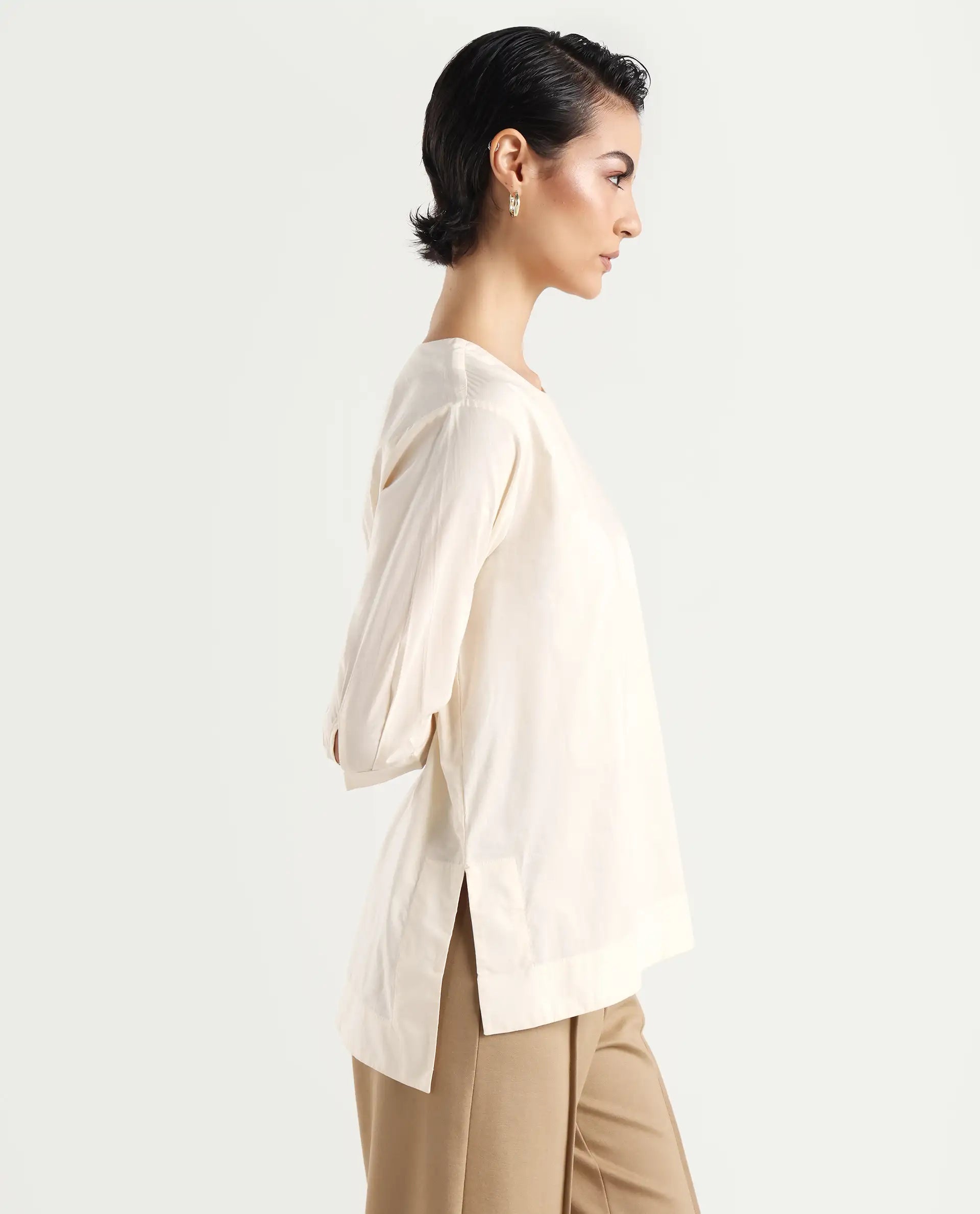 Rareism Women's Ehaan Beige Crew Neck Plain Cuffed Sleeve Regular Fit Top