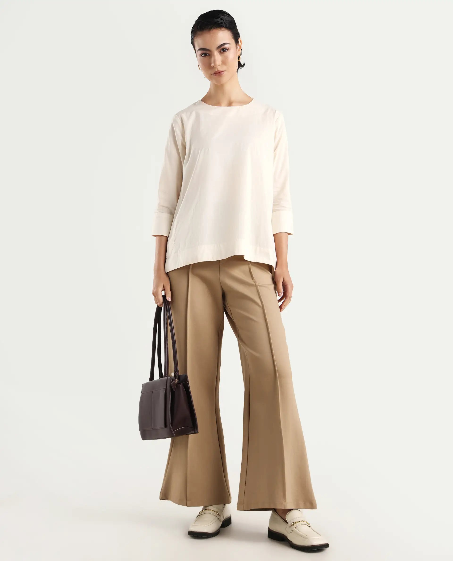 Rareism Women's Ehaan Beige Crew Neck Plain Cuffed Sleeve Regular Fit Top