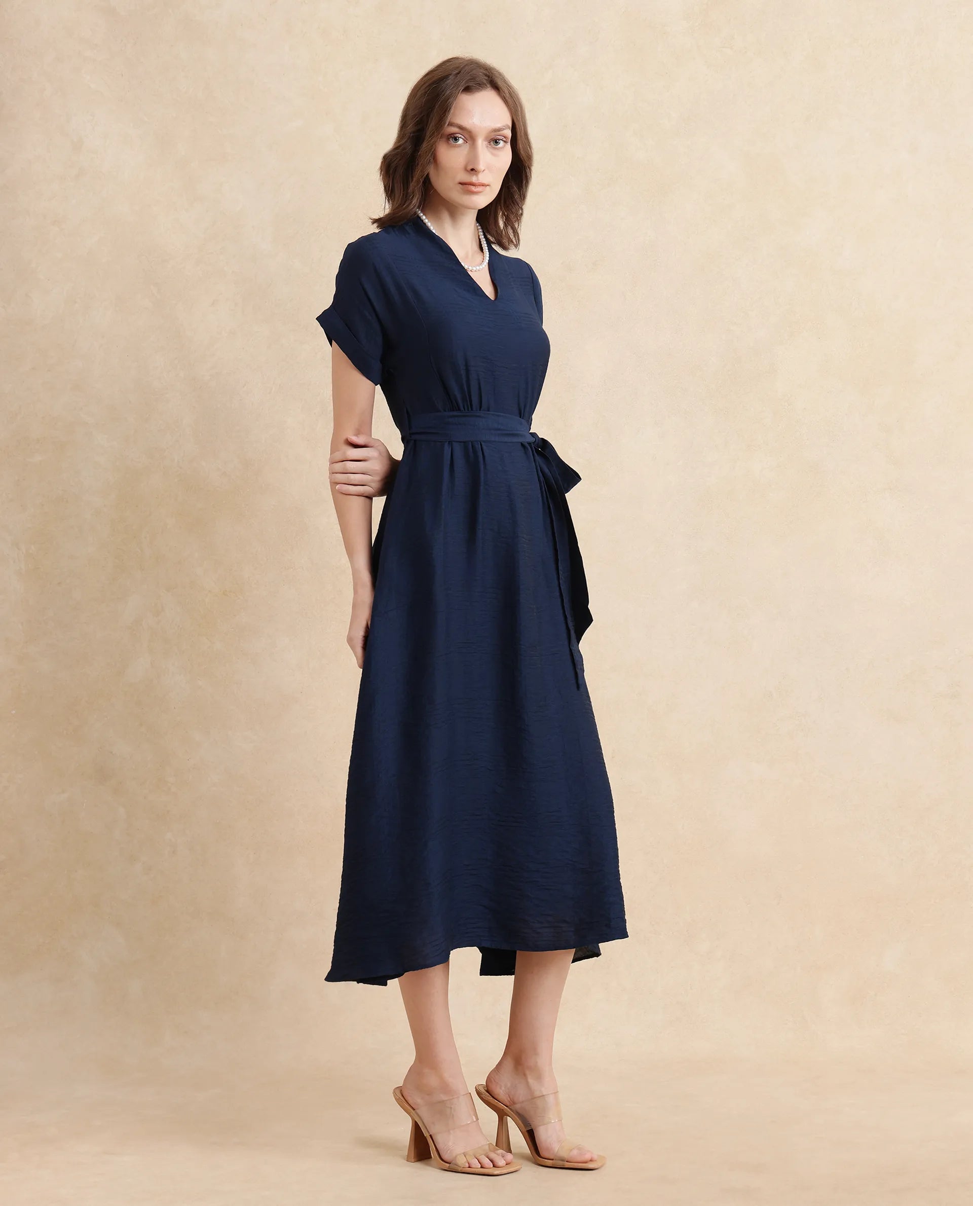 Rareism Women Ehlum Navy Extended Sleeves V-Neck A-Line Midi Plain Dress