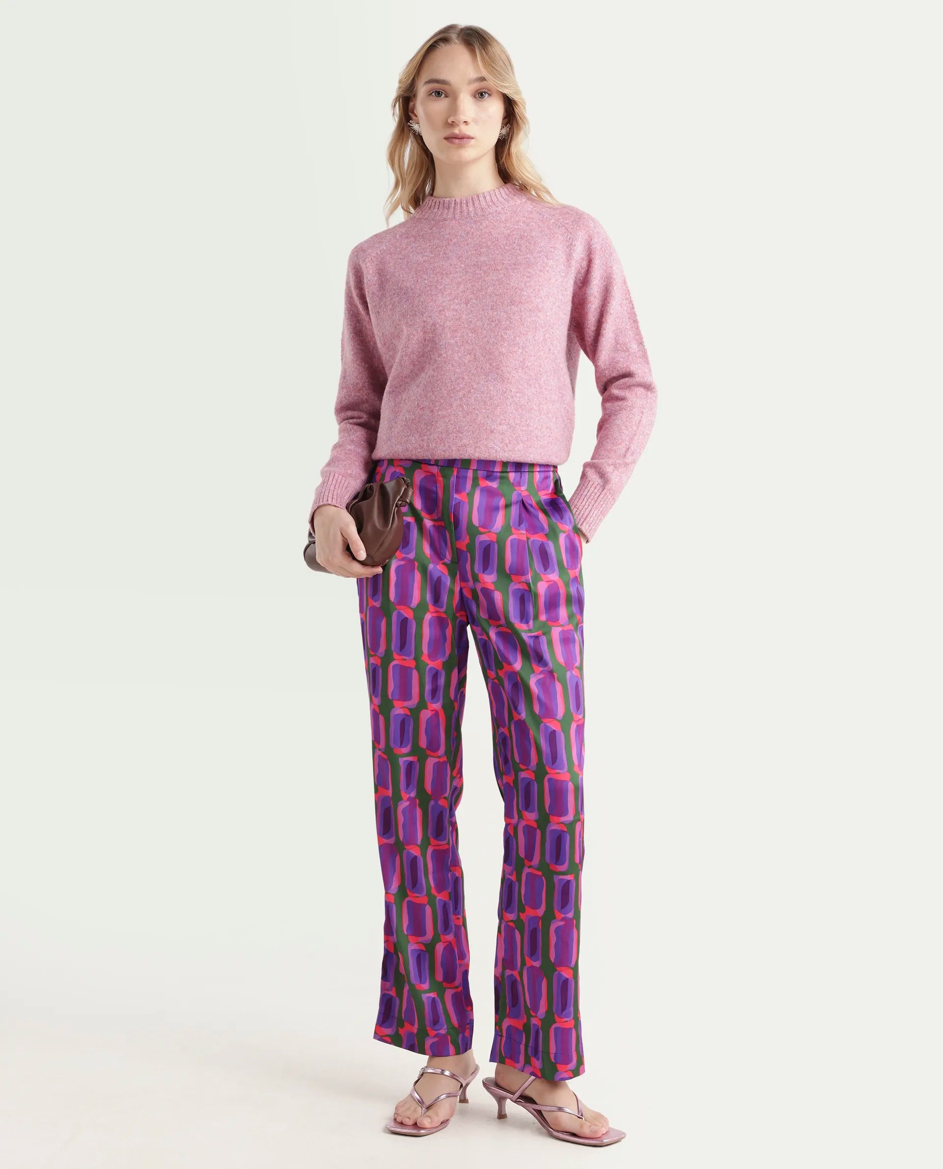 Rareism Women's Eista Purple Polyester Geometric Print Ankle Length Relaxed Fit Trouser