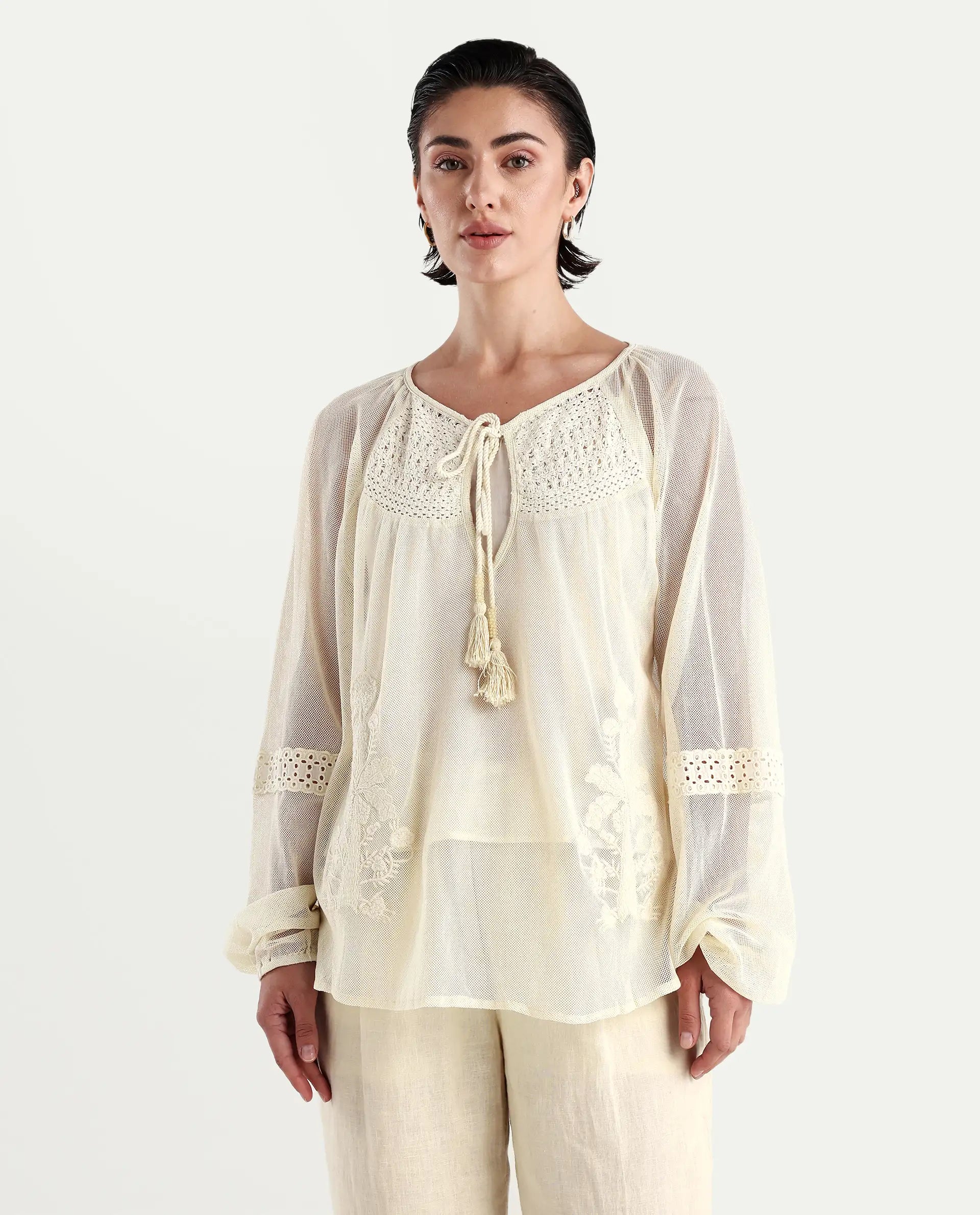 Rareism Women's Ela Light Beige Tie-Up Neck Plain Raglan Sleeve Relaxed Fit Top