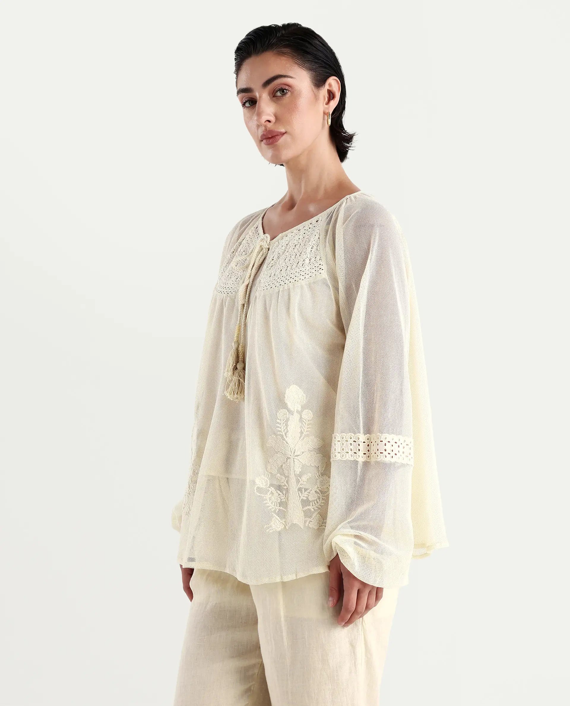 Rareism Women's Ela Light Beige Tie-Up Neck Plain Raglan Sleeve Relaxed Fit Top