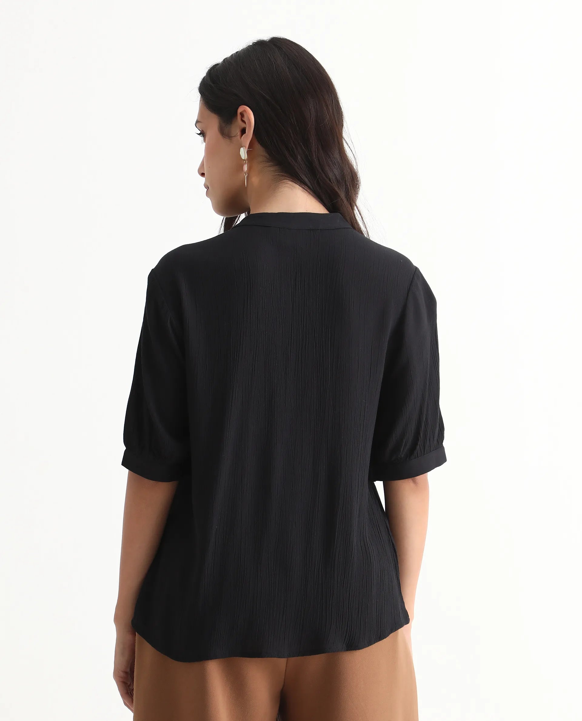 Rareism Women's Elane Black 100% Viscose Bishop Sleeve Mandarin Collar Regular Fit Plain Top