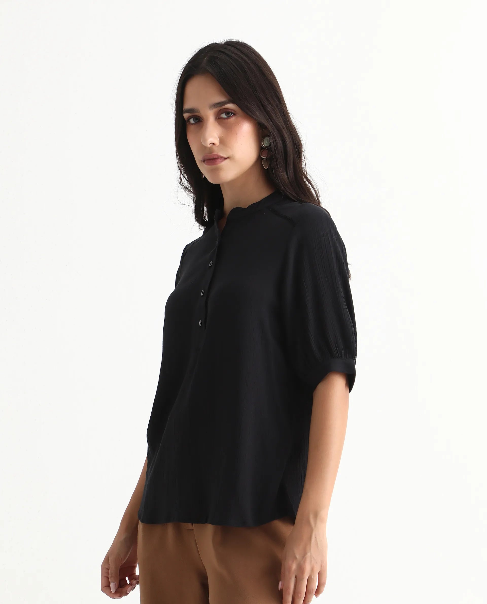 Rareism Women's Elane Black 100% Viscose Bishop Sleeve Mandarin Collar Regular Fit Plain Top