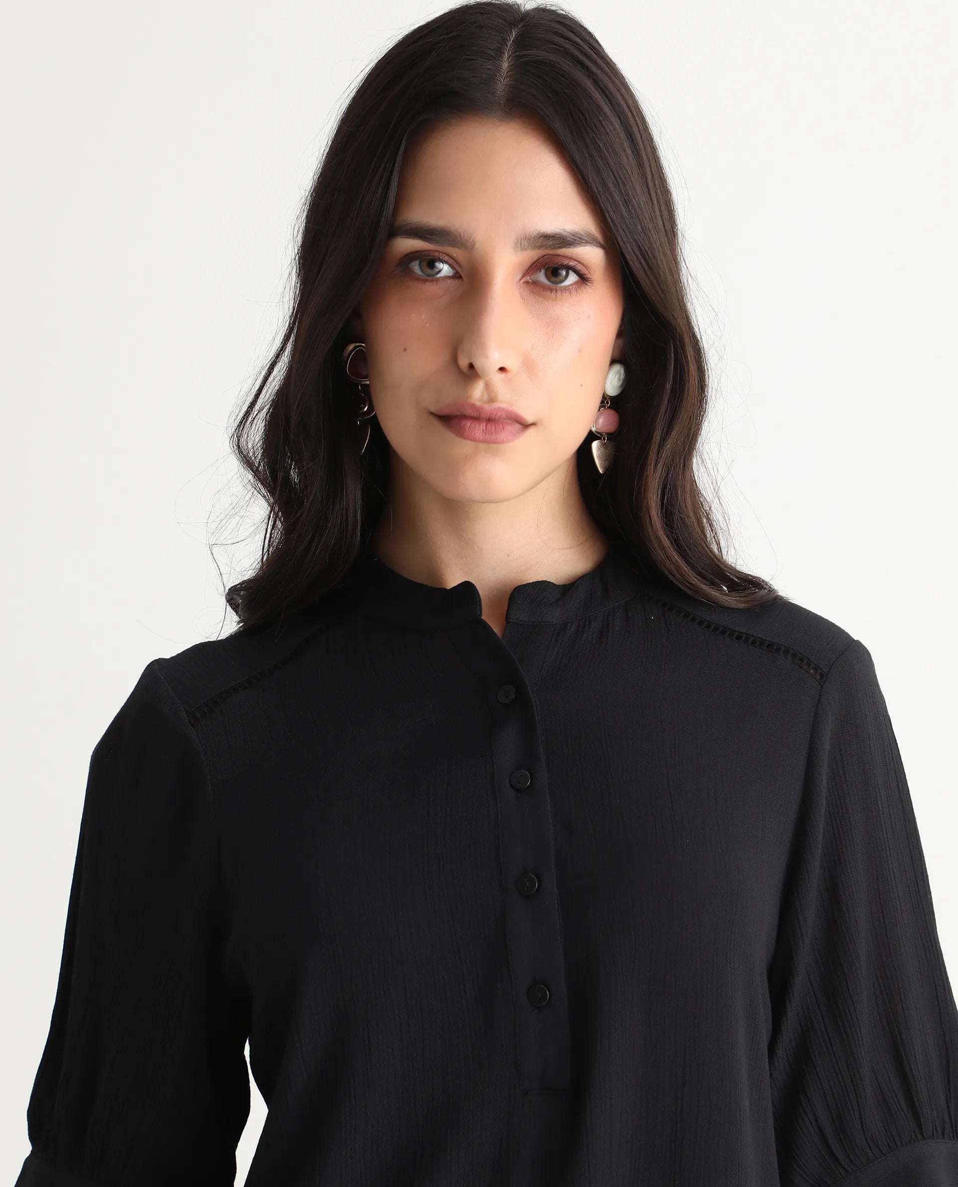 Rareism Women's Elane Black 100% Viscose Bishop Sleeve Mandarin Collar Regular Fit Plain Top