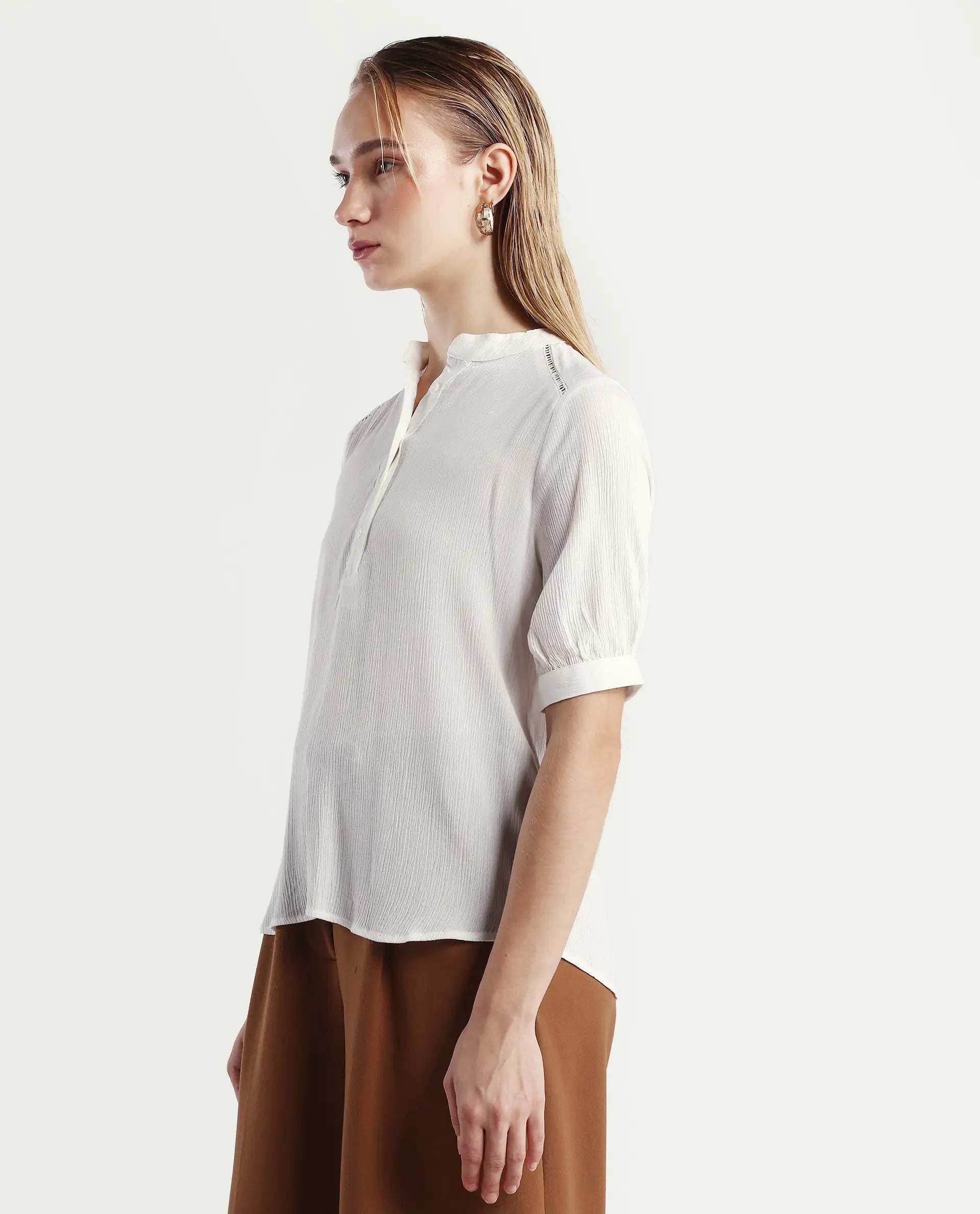 Rareism Women's Elane White Viscose Mandarin Collar Regular Fit Plain Top