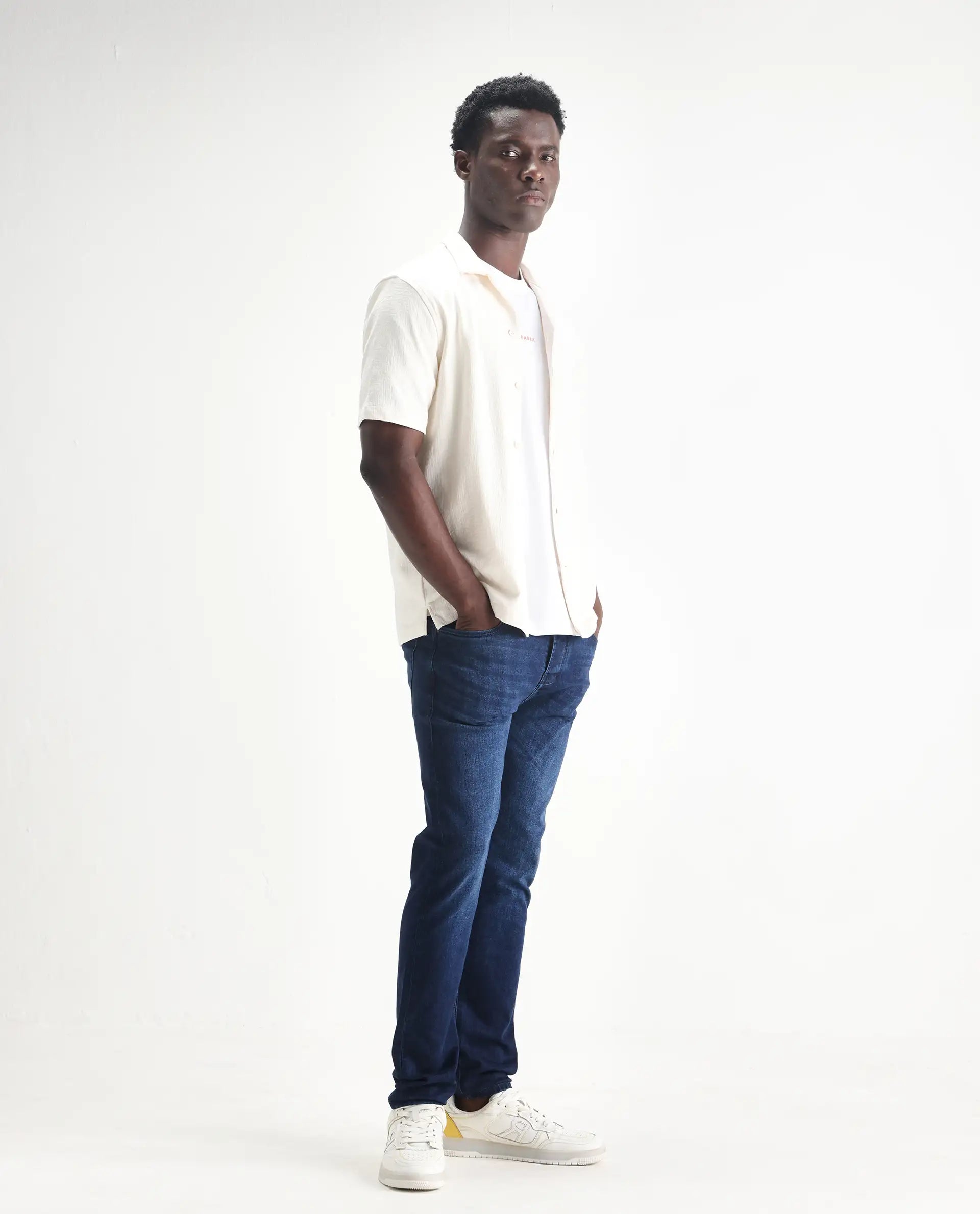 Rare Rabbit Men's Elanza Blue Cotton Blend Plain Morris Regular Fit Jeans