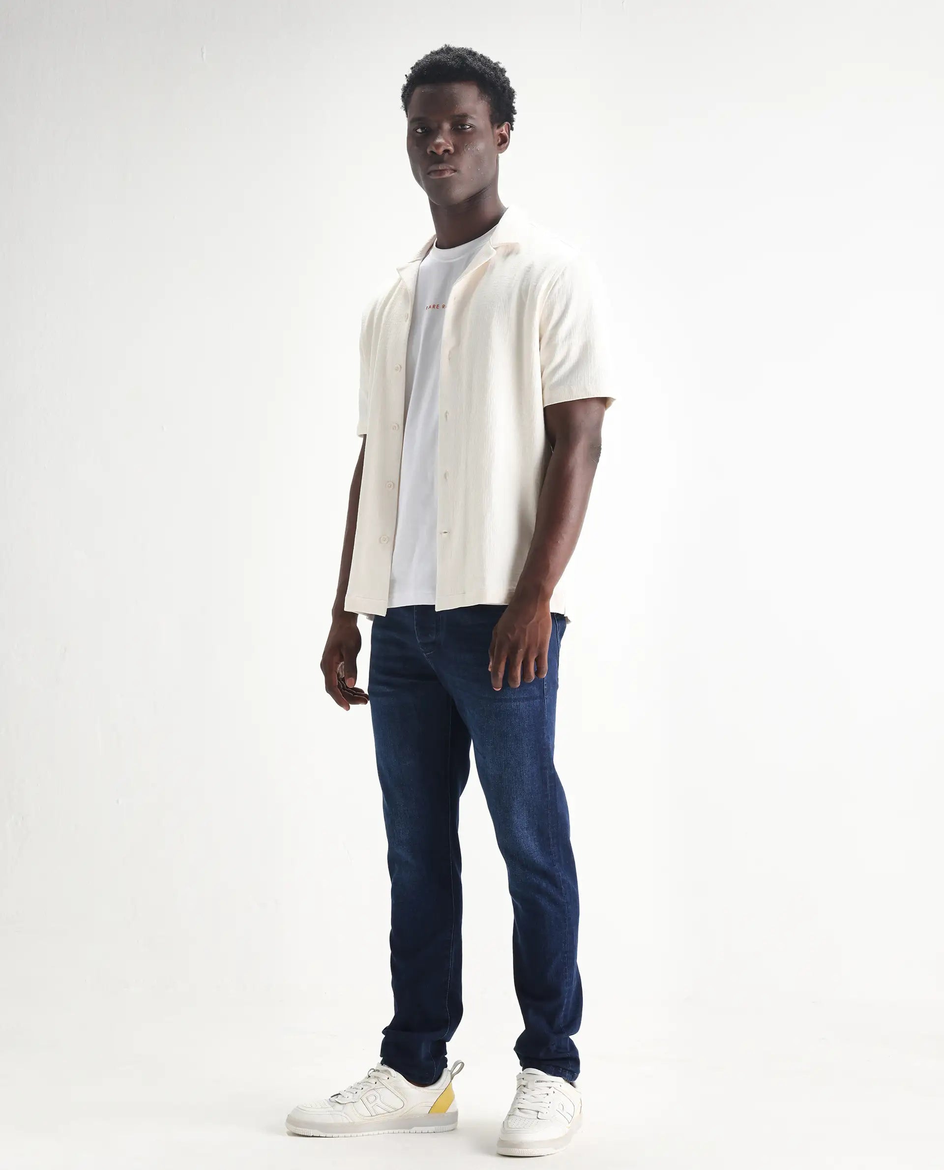 Rare Rabbit Men's Elanza Blue Cotton Blend Plain Morris Regular Fit Jeans