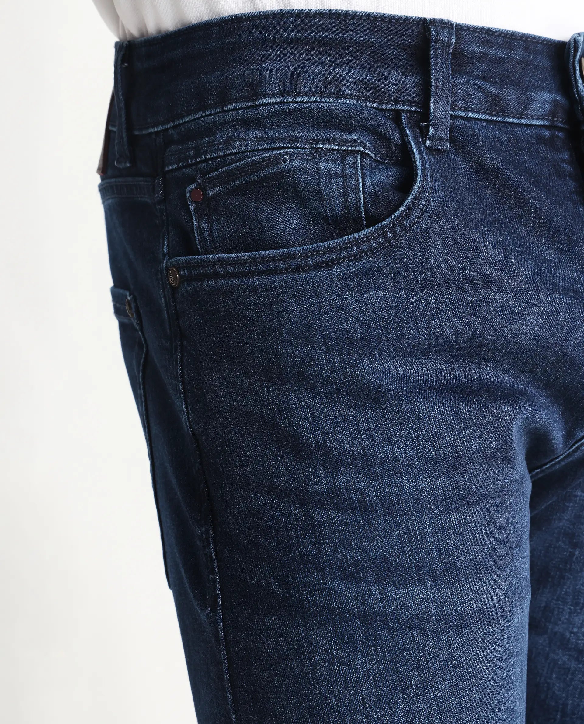 Rare Rabbit Men's Elanza Blue Cotton Blend Plain Morris Regular Fit Jeans