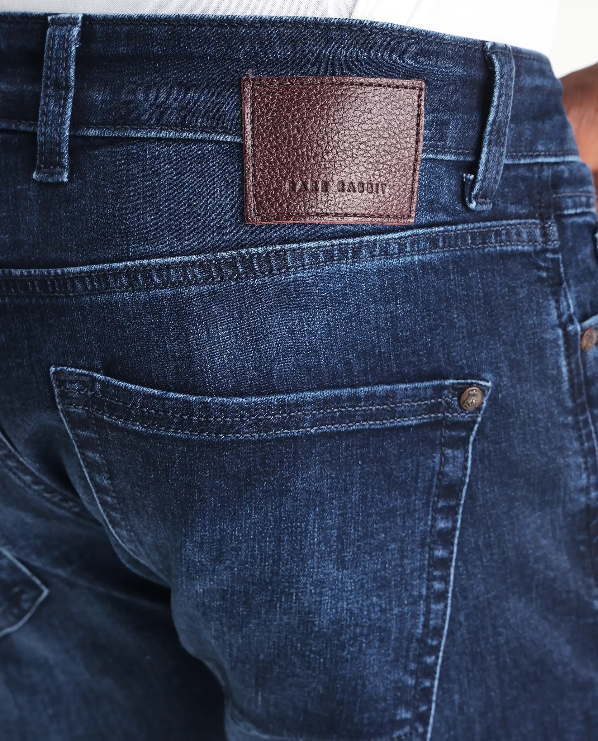 Rare Rabbit Men's Elanza Blue Cotton Blend Plain Morris Regular Fit Jeans