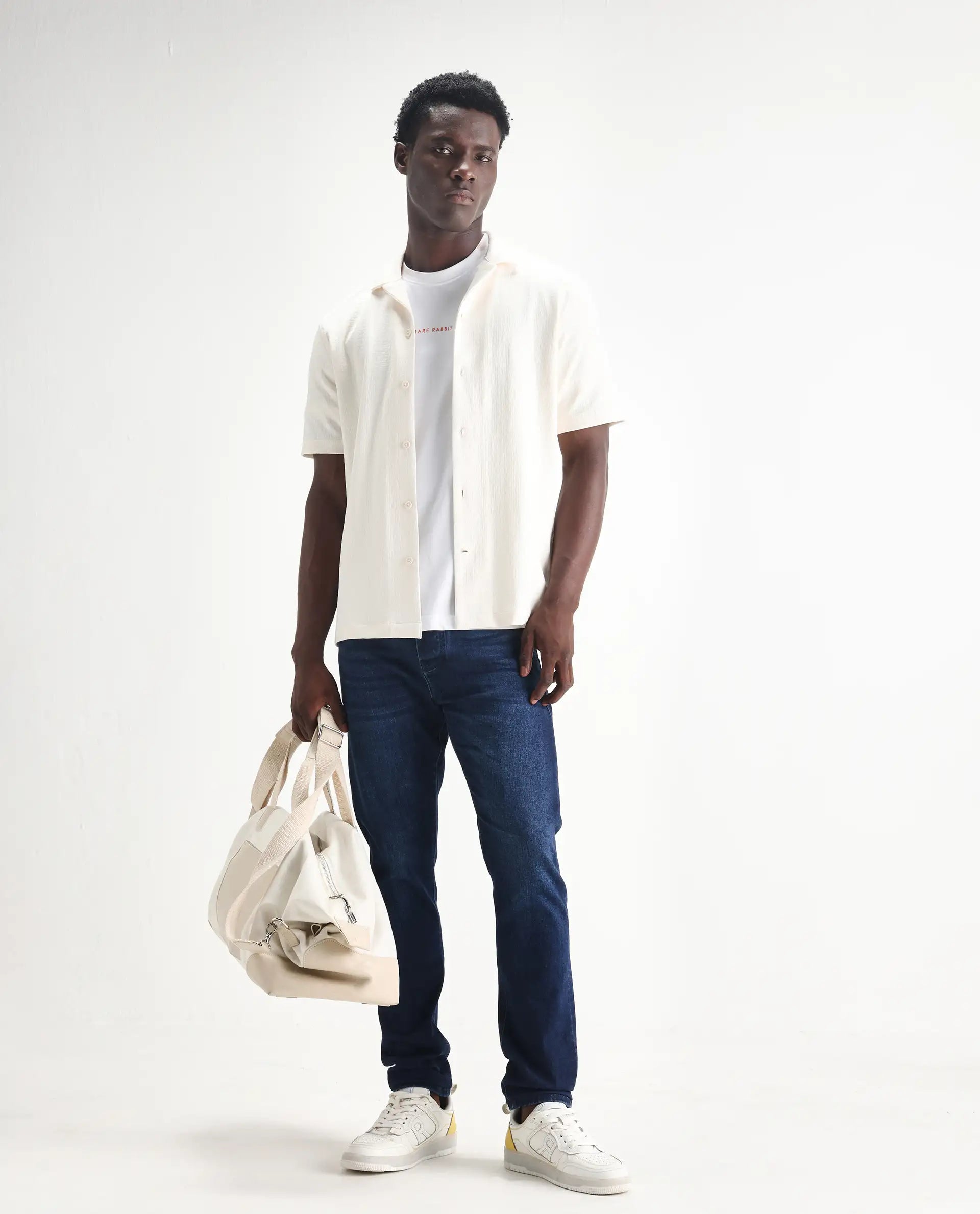 Rare Rabbit Men's Elanza Blue Cotton Blend Plain Morris Regular Fit Jeans