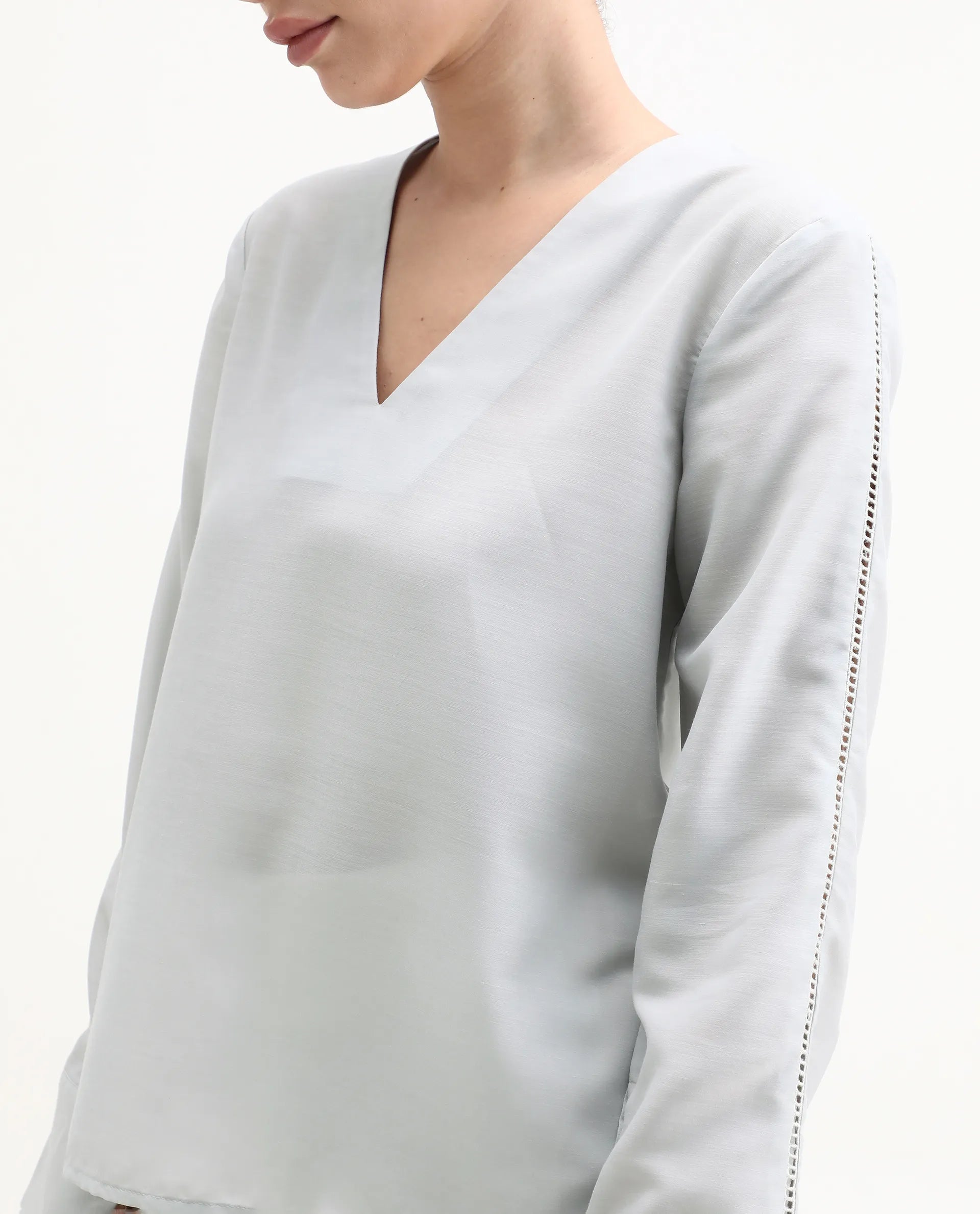 Rareism Women's Elapo Grey Polyester Cuffed Sleeve V-Neck Regular Fit Plain Top