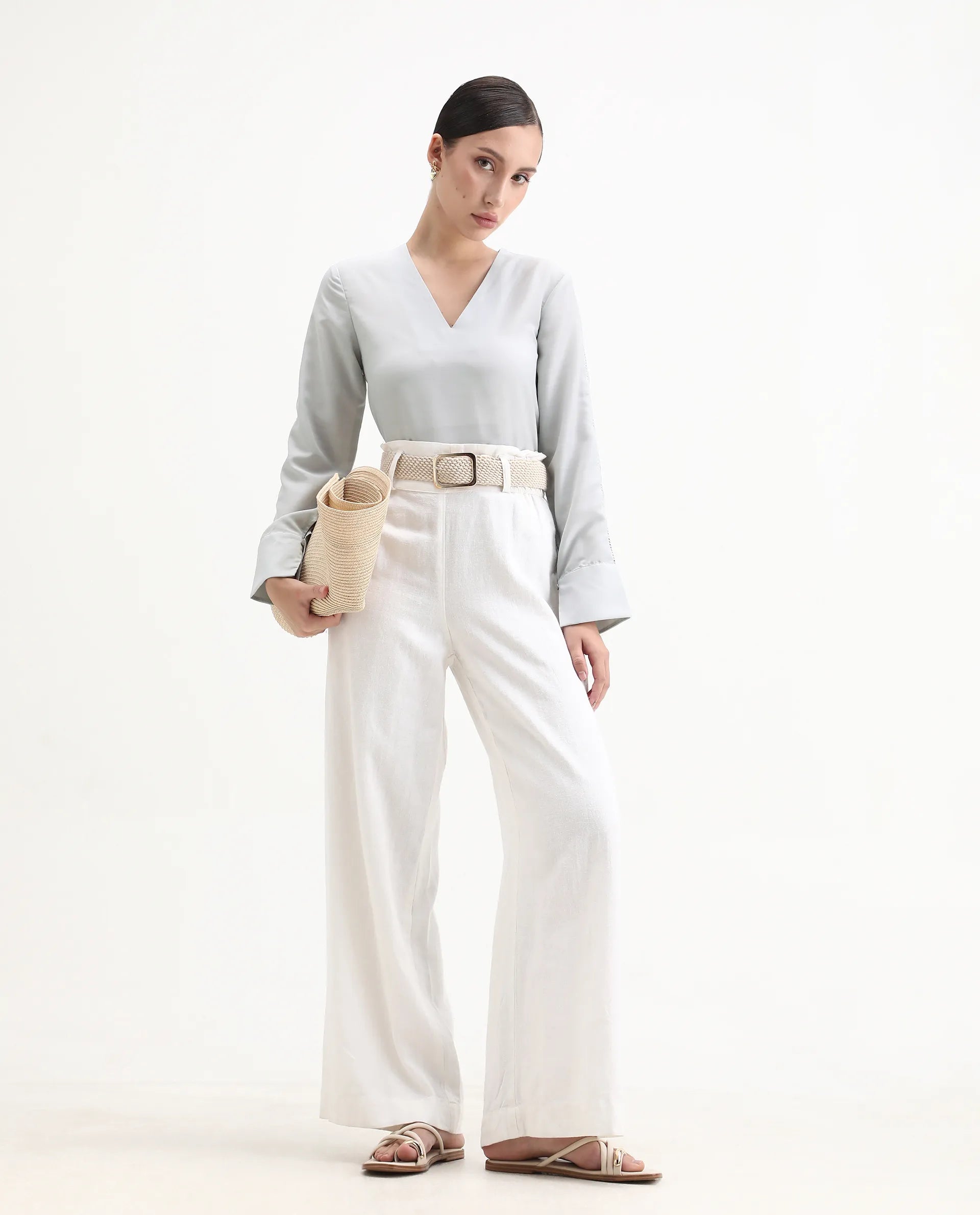 Rareism Women's Elapo Grey Polyester Cuffed Sleeve V-Neck Regular Fit Plain Top