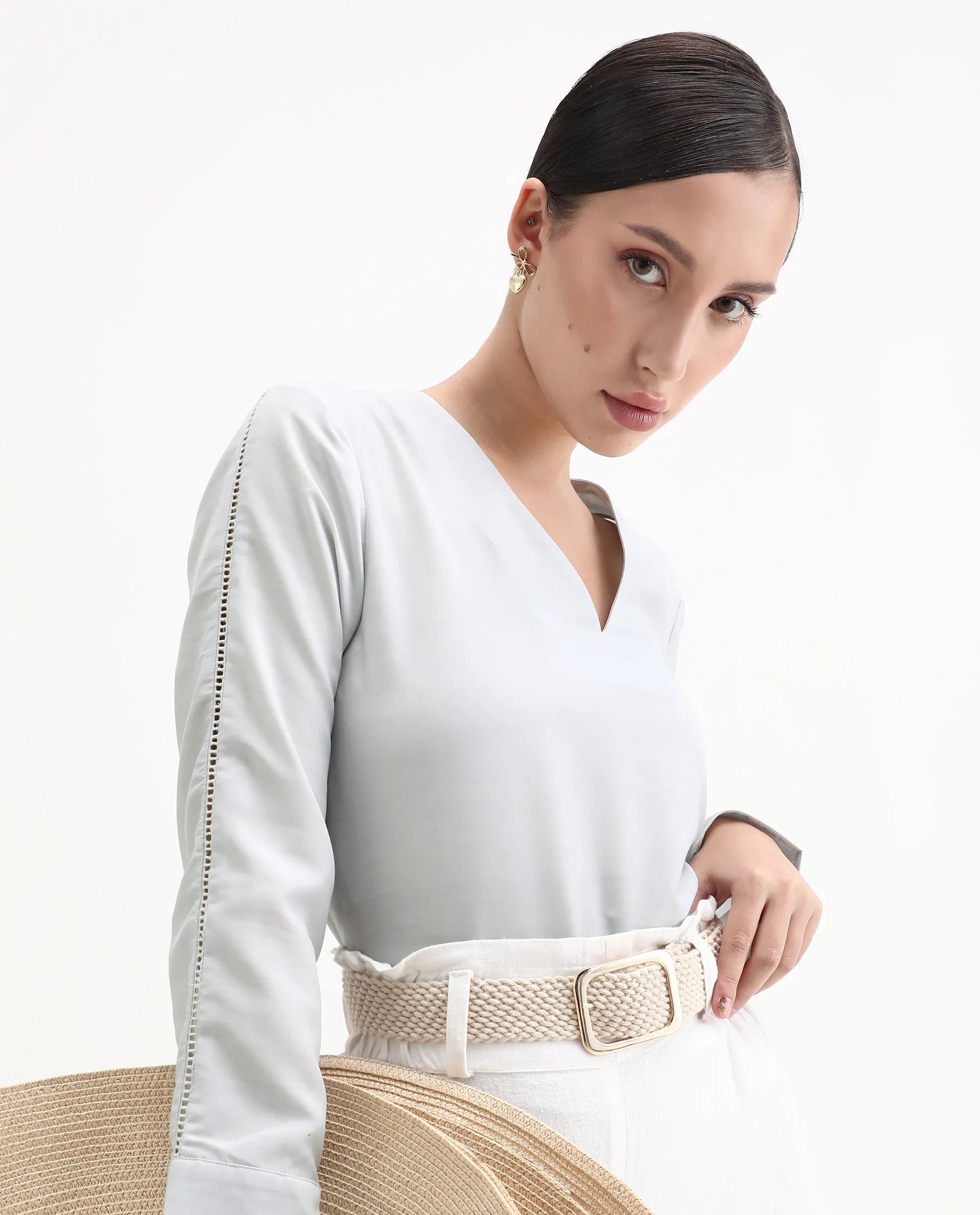 Rareism Women's Elapo Grey Polyester Cuffed Sleeve V-Neck Regular Fit Plain Top