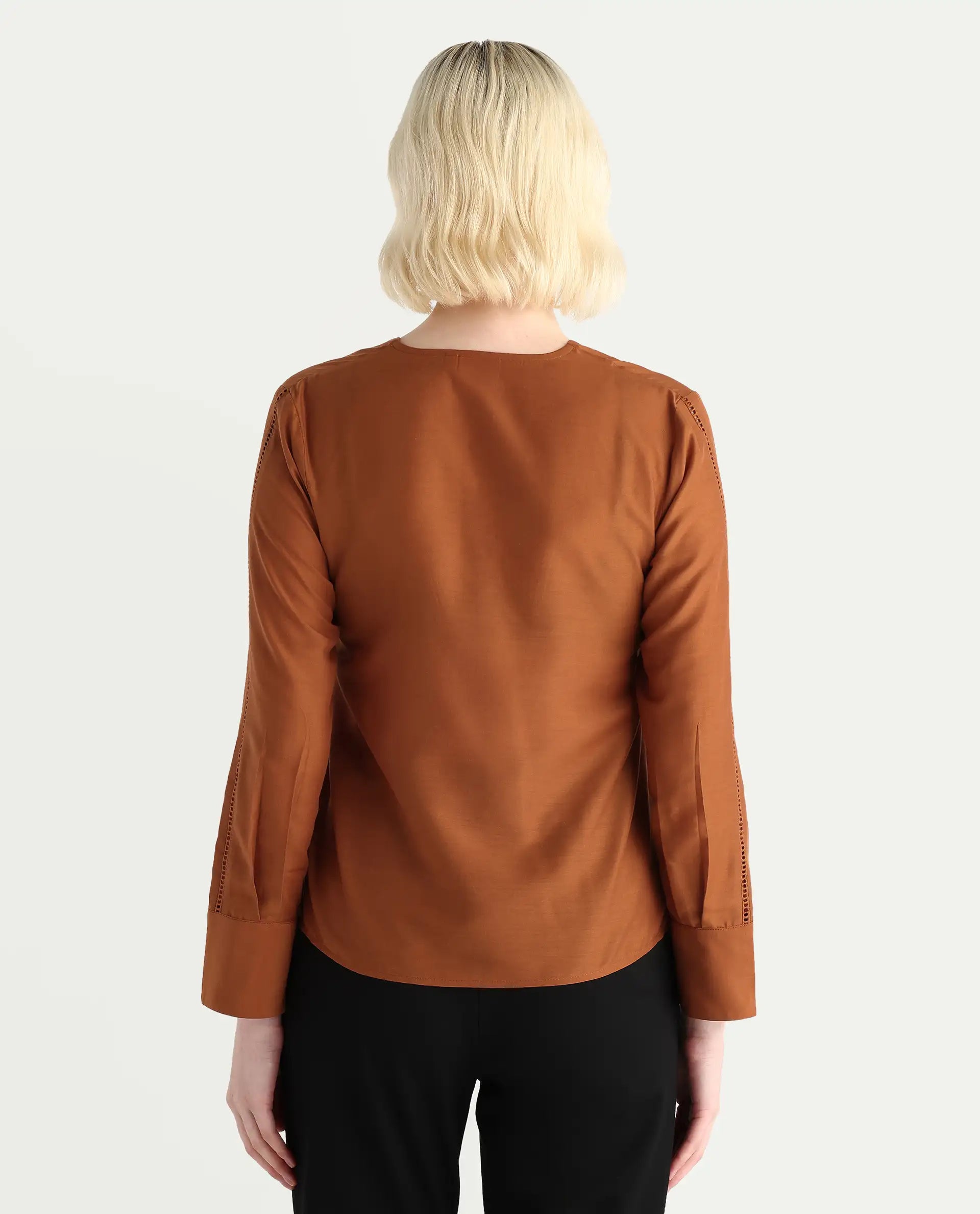 Rareism Women's Elapo Rust Polyester Cuffed Sleeve V-Neck Regular Fit Plain Top