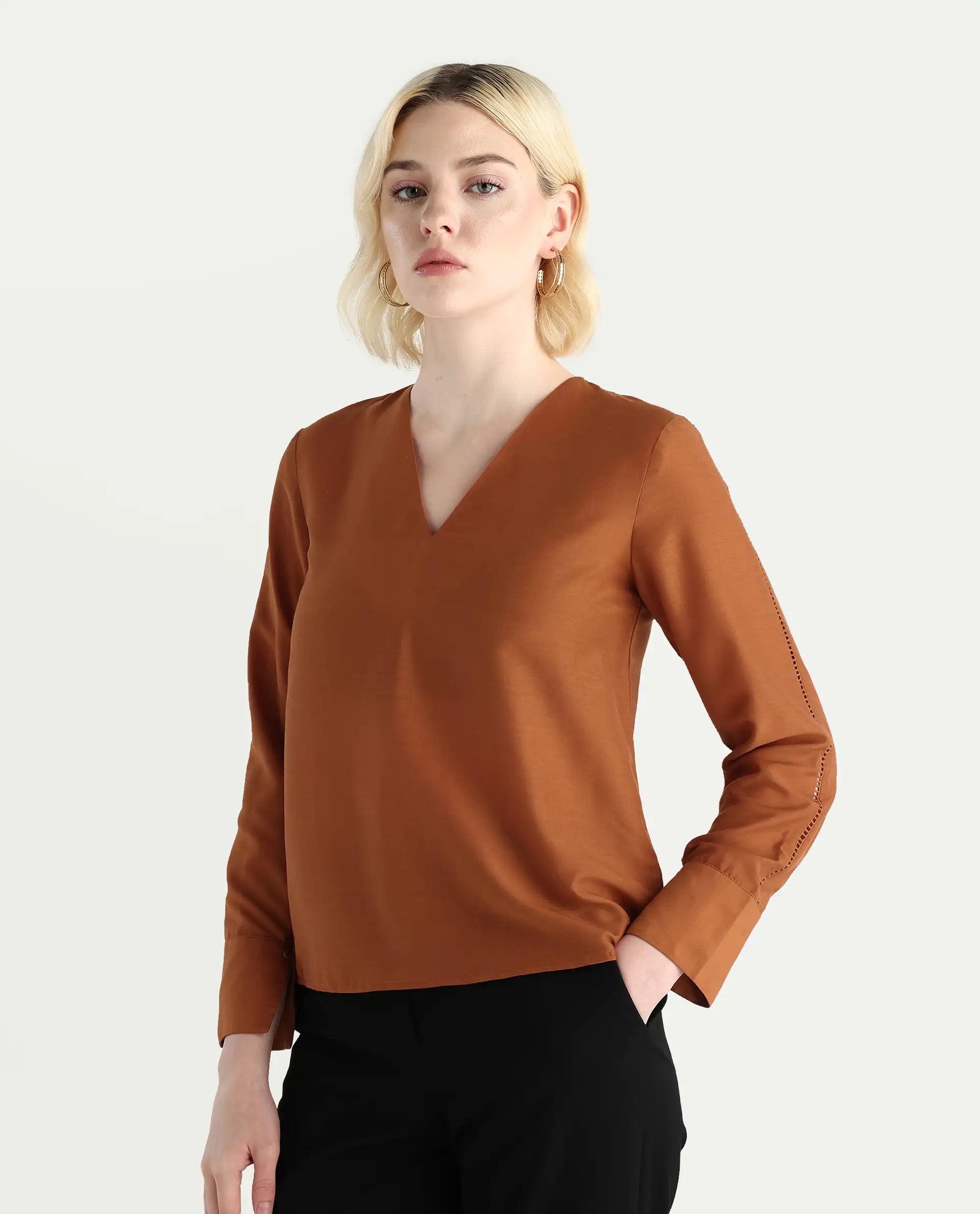 Rareism Women's Elapo Rust Polyester Cuffed Sleeve V-Neck Regular Fit Plain Top