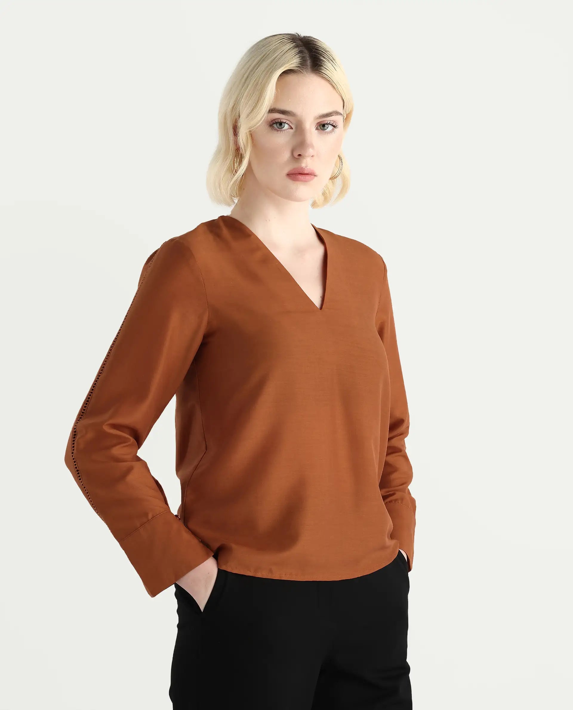 Rareism Women's Elapo Rust Polyester Cuffed Sleeve V-Neck Regular Fit Plain Top