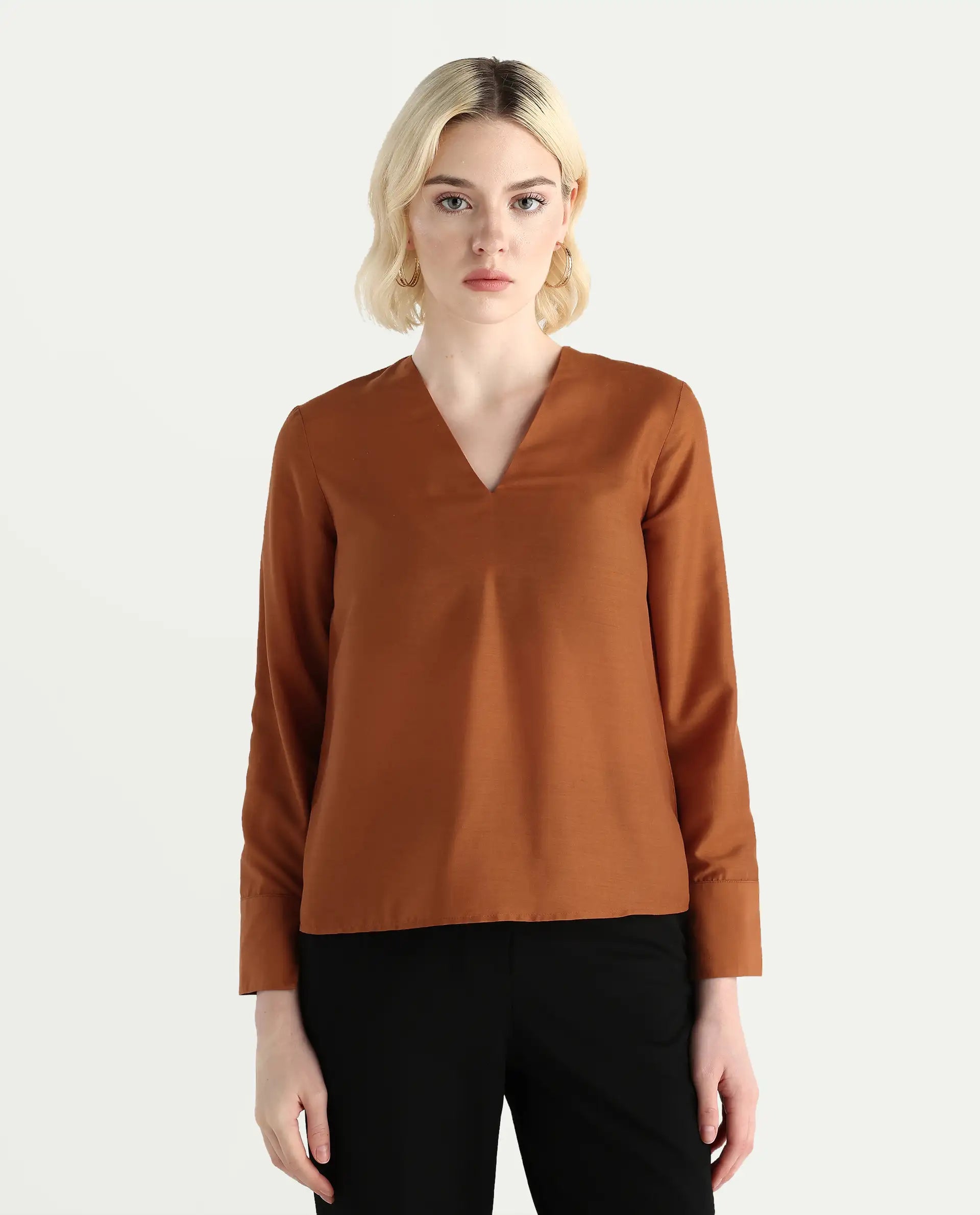 Rareism Women's Elapo Rust Polyester Cuffed Sleeve V-Neck Regular Fit Plain Top