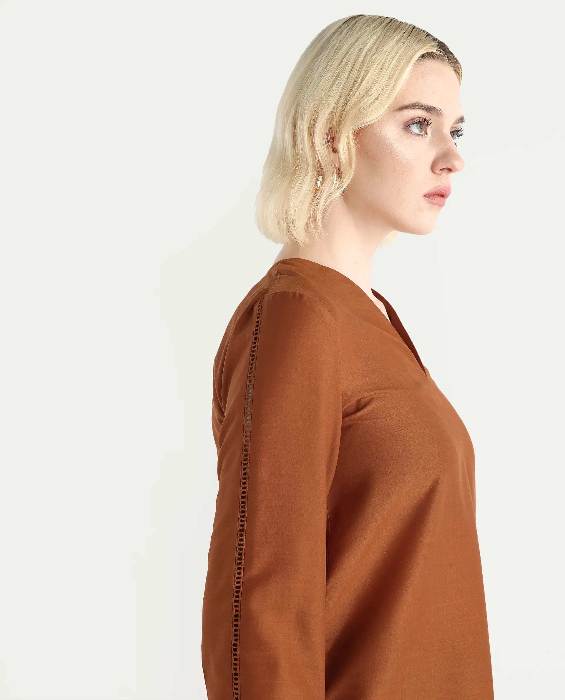 Rareism Women's Elapo Rust Polyester Cuffed Sleeve V-Neck Regular Fit Plain Top