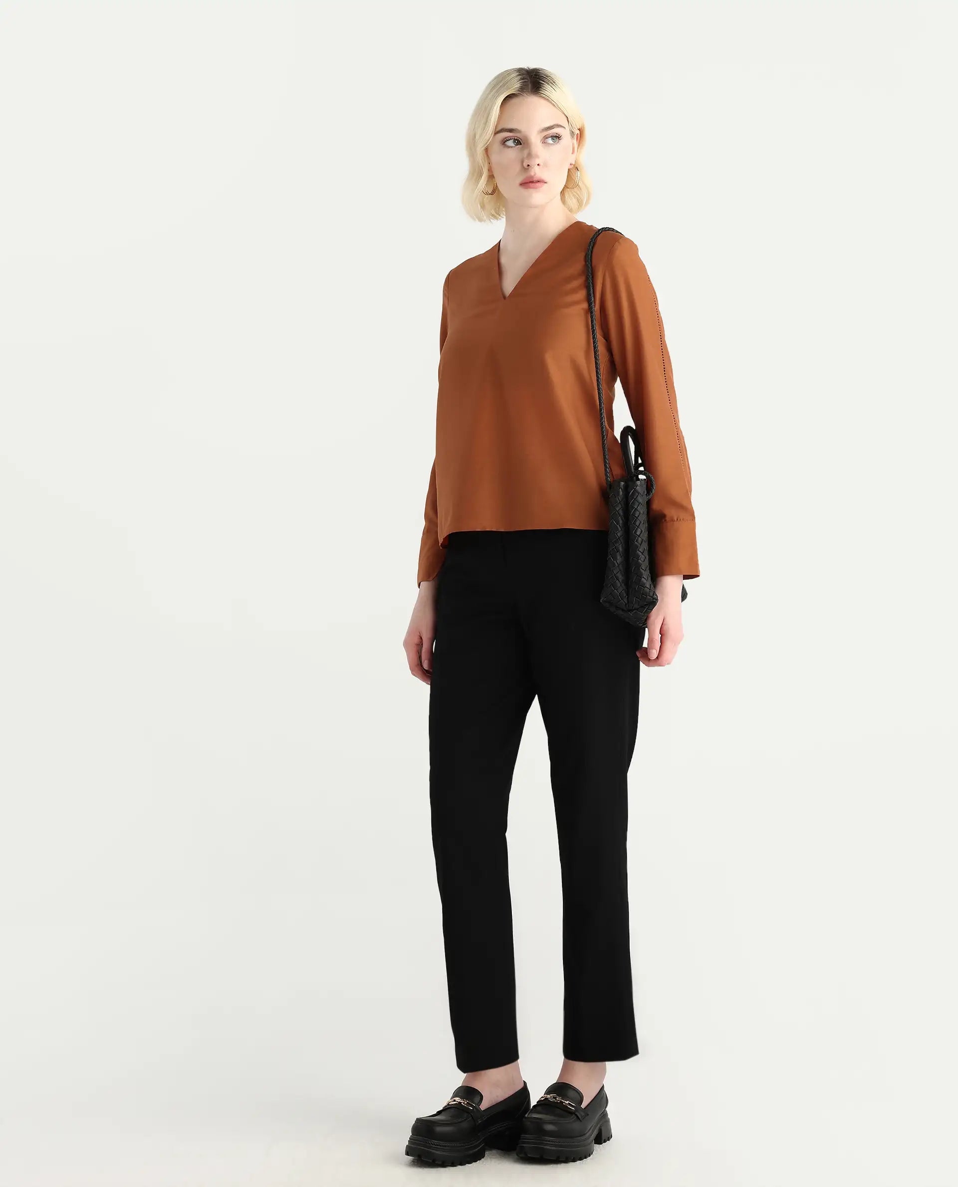 Rareism Women's Elapo Rust Polyester Cuffed Sleeve V-Neck Regular Fit Plain Top