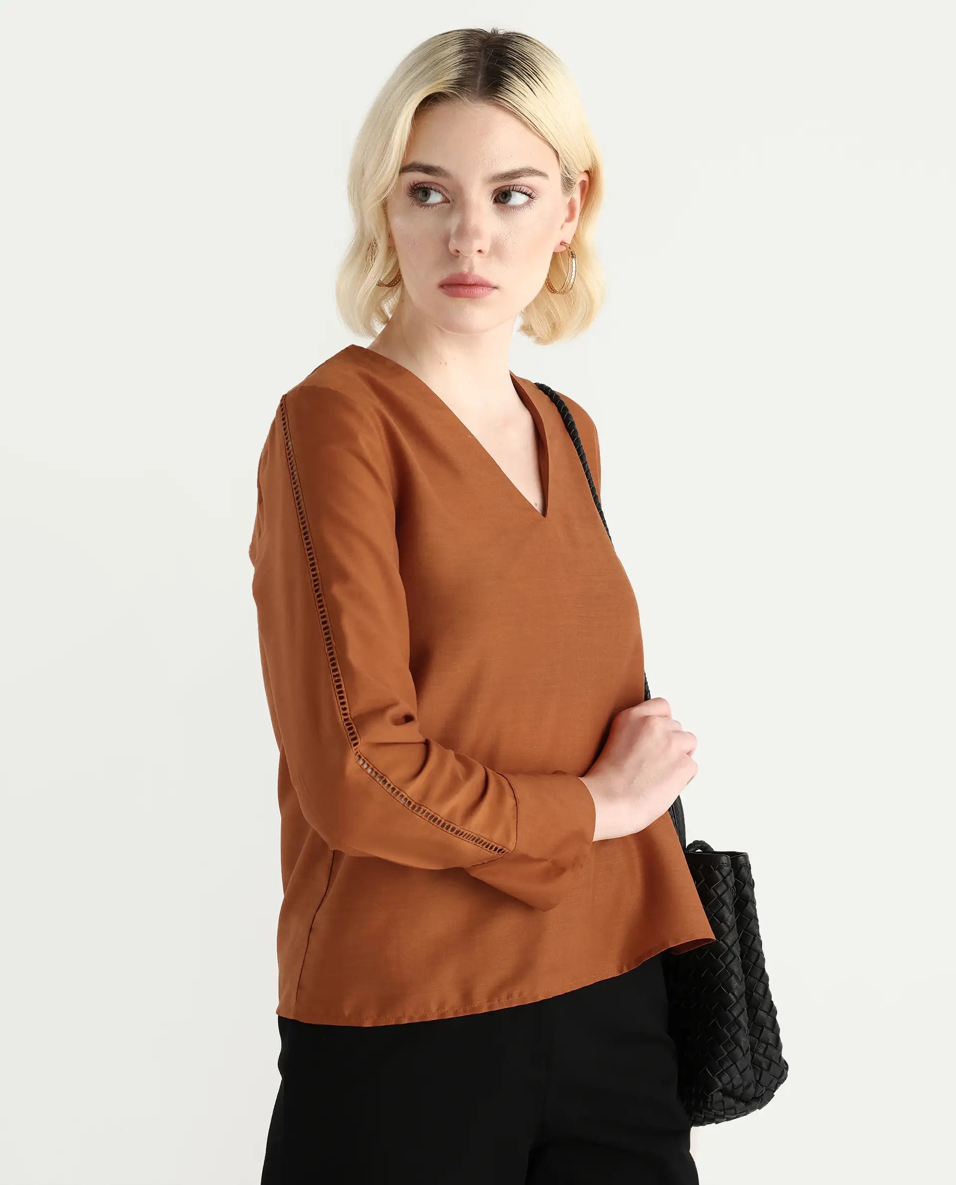 Rareism Women's Elapo Rust Polyester Cuffed Sleeve V-Neck Regular Fit Plain Top