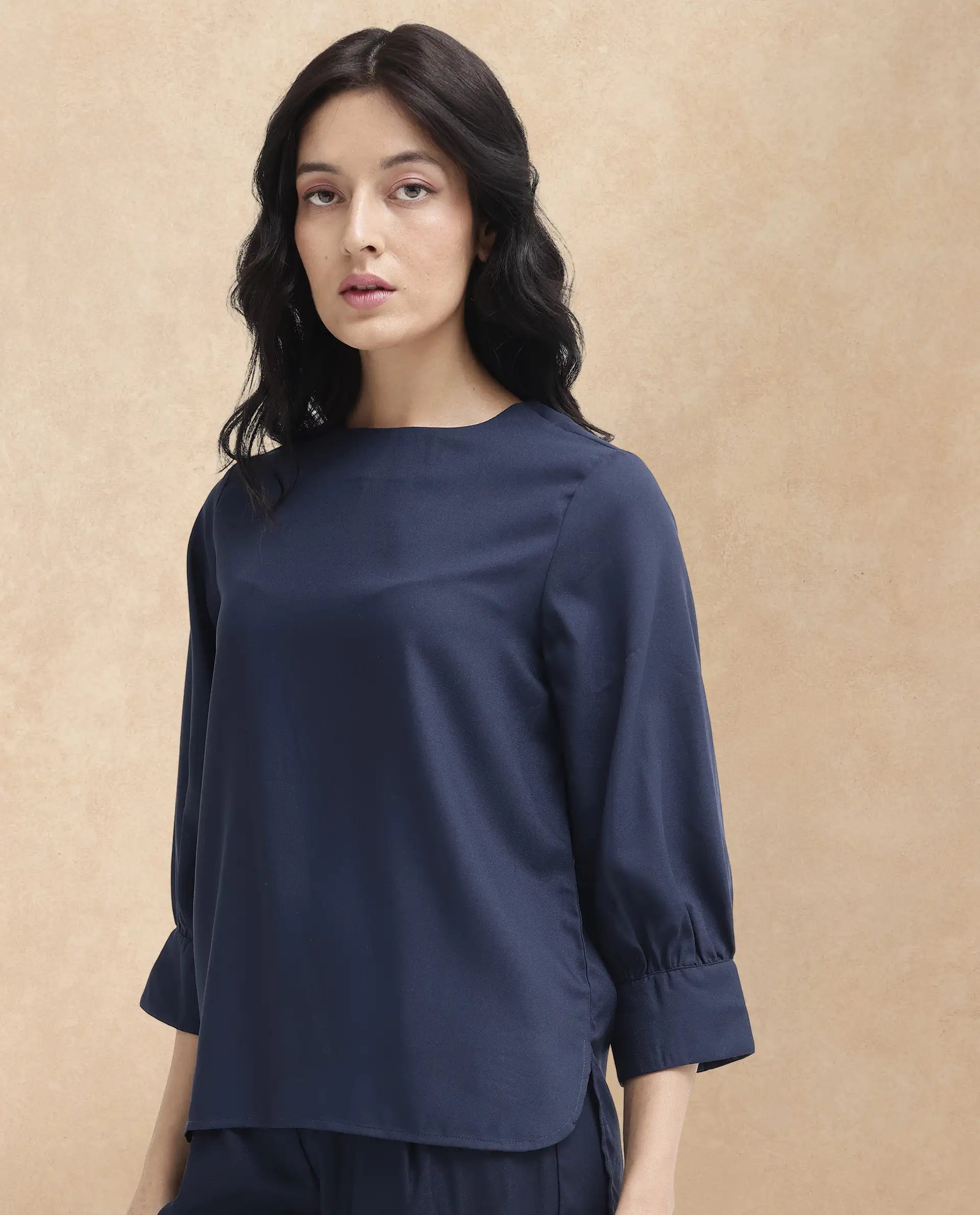 Rareism Women Elara-SC Navy Polyester Fabric Full Sleeve Round Neck Solid Regular Fit Top