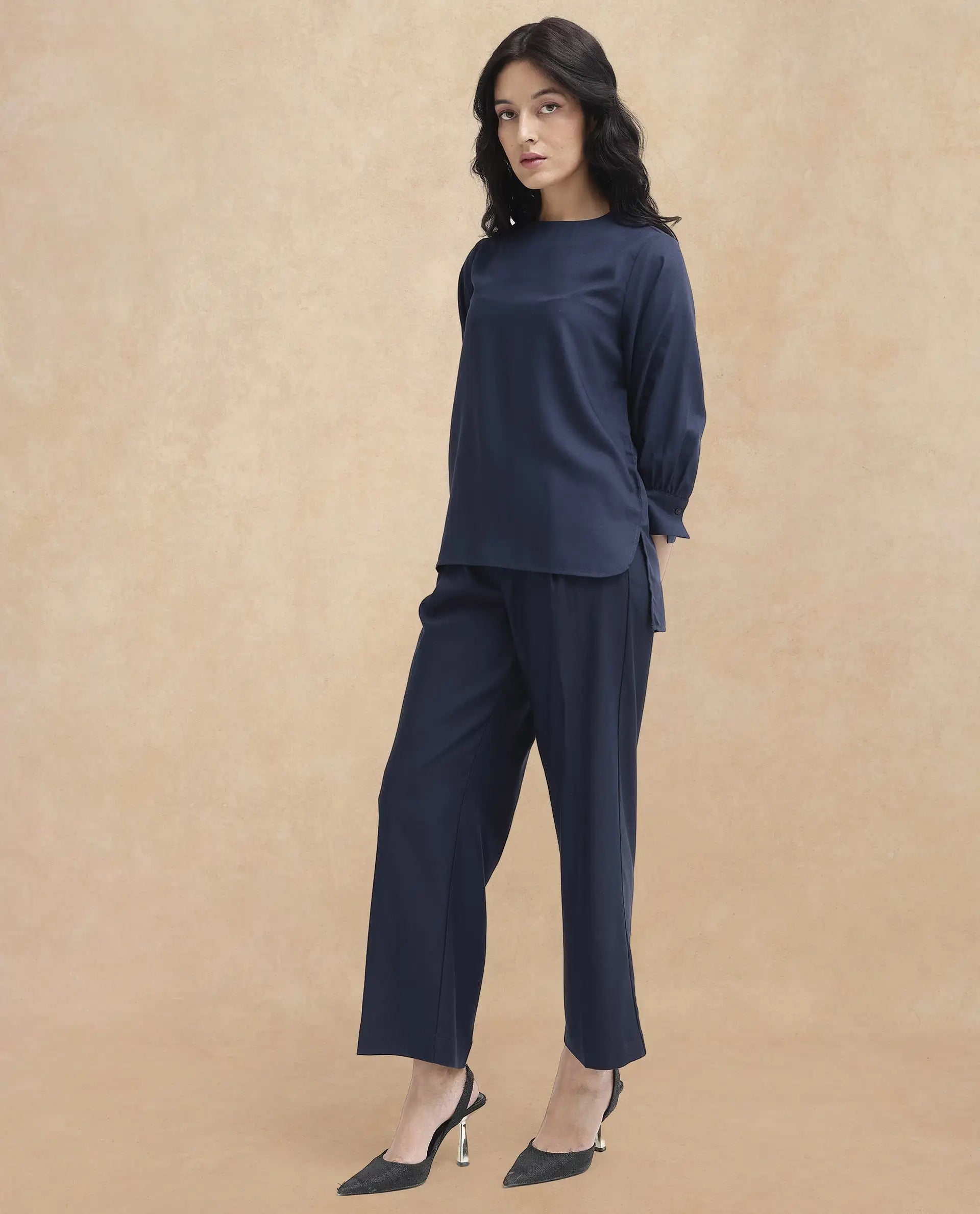 Rareism Women Elara-SC Navy Polyester Fabric Full Sleeve Round Neck Solid Regular Fit Top