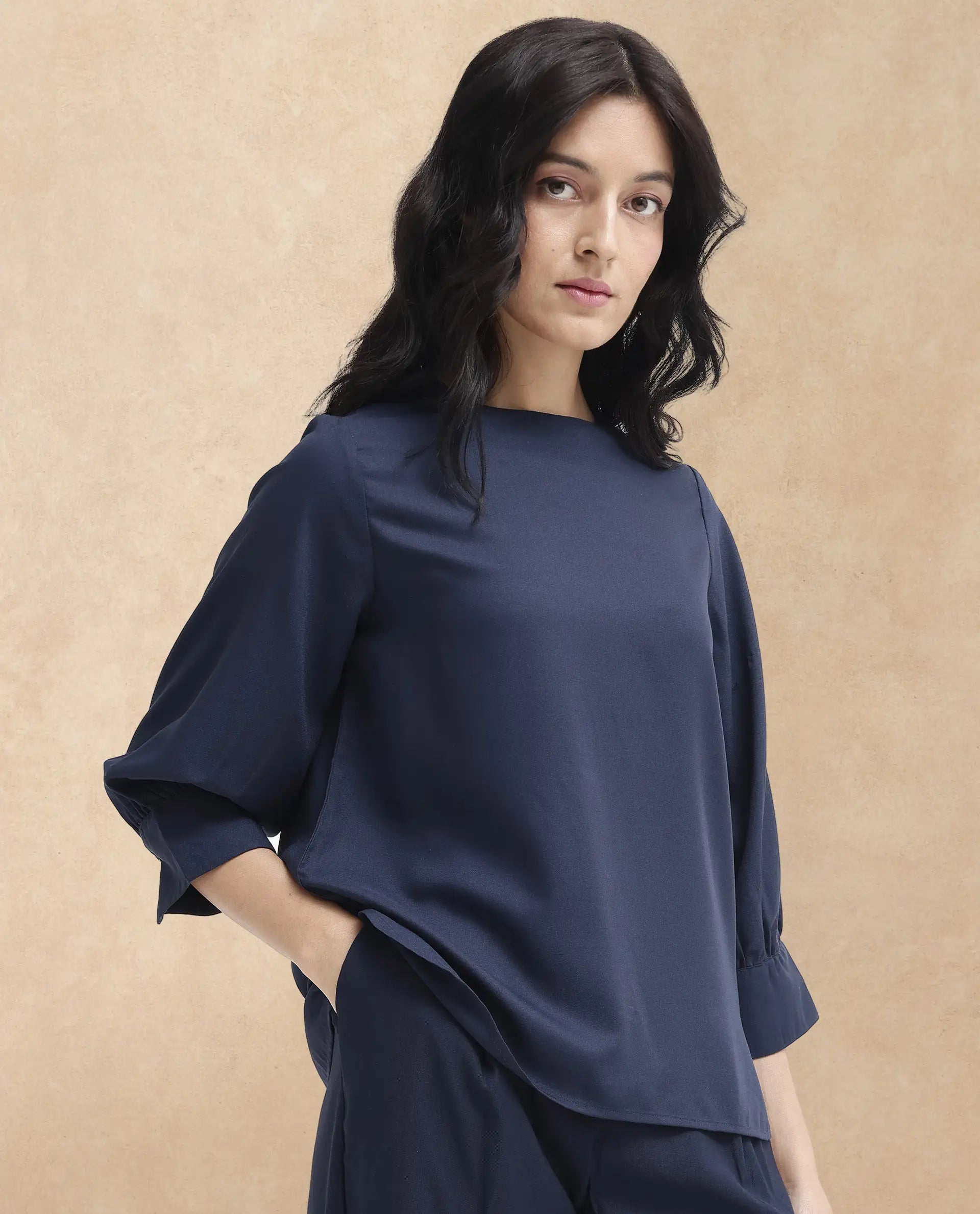 Rareism Women Elara-SC Navy Polyester Fabric Full Sleeve Round Neck Solid Regular Fit Top