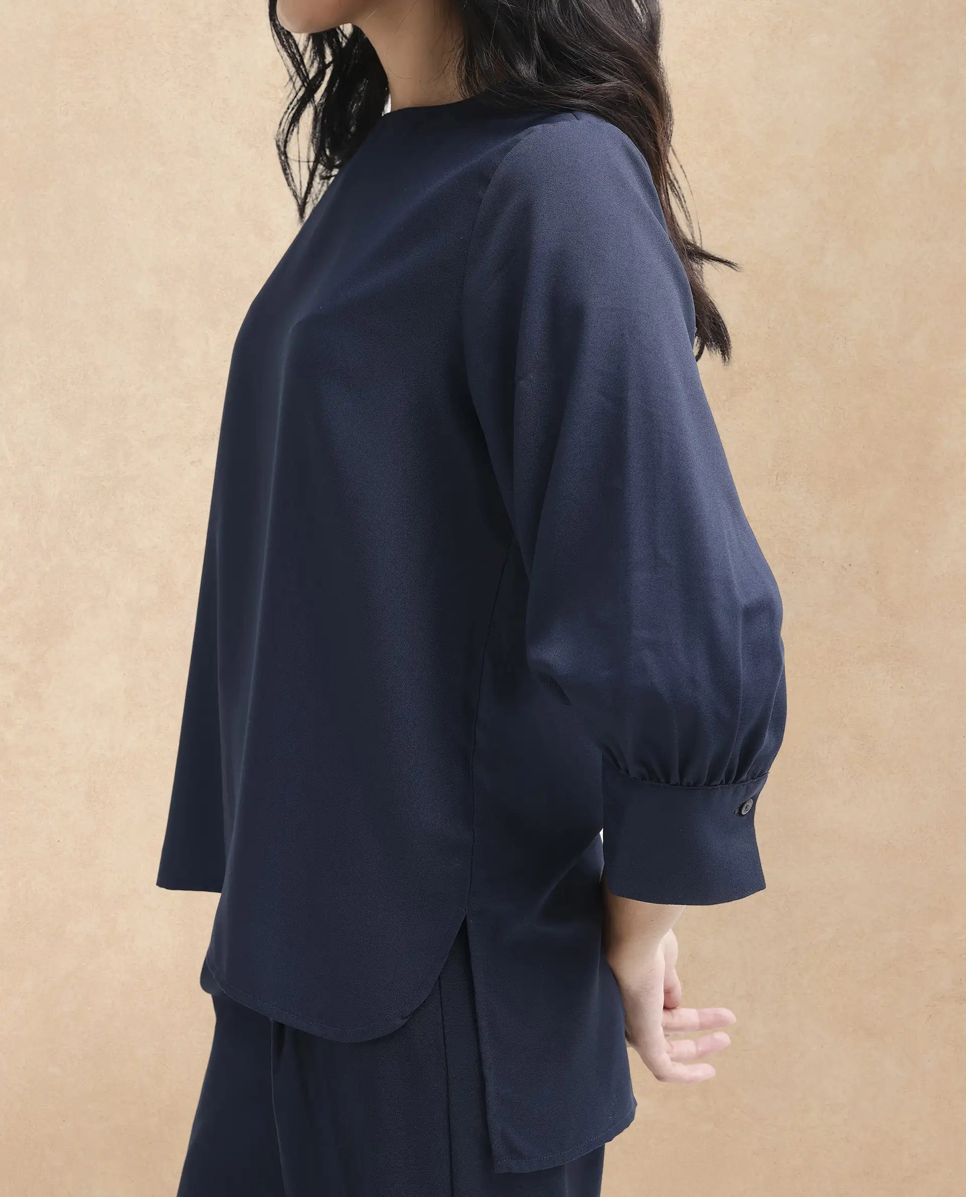 Rareism Women Elara-SC Navy Polyester Fabric Full Sleeve Round Neck Solid Regular Fit Top