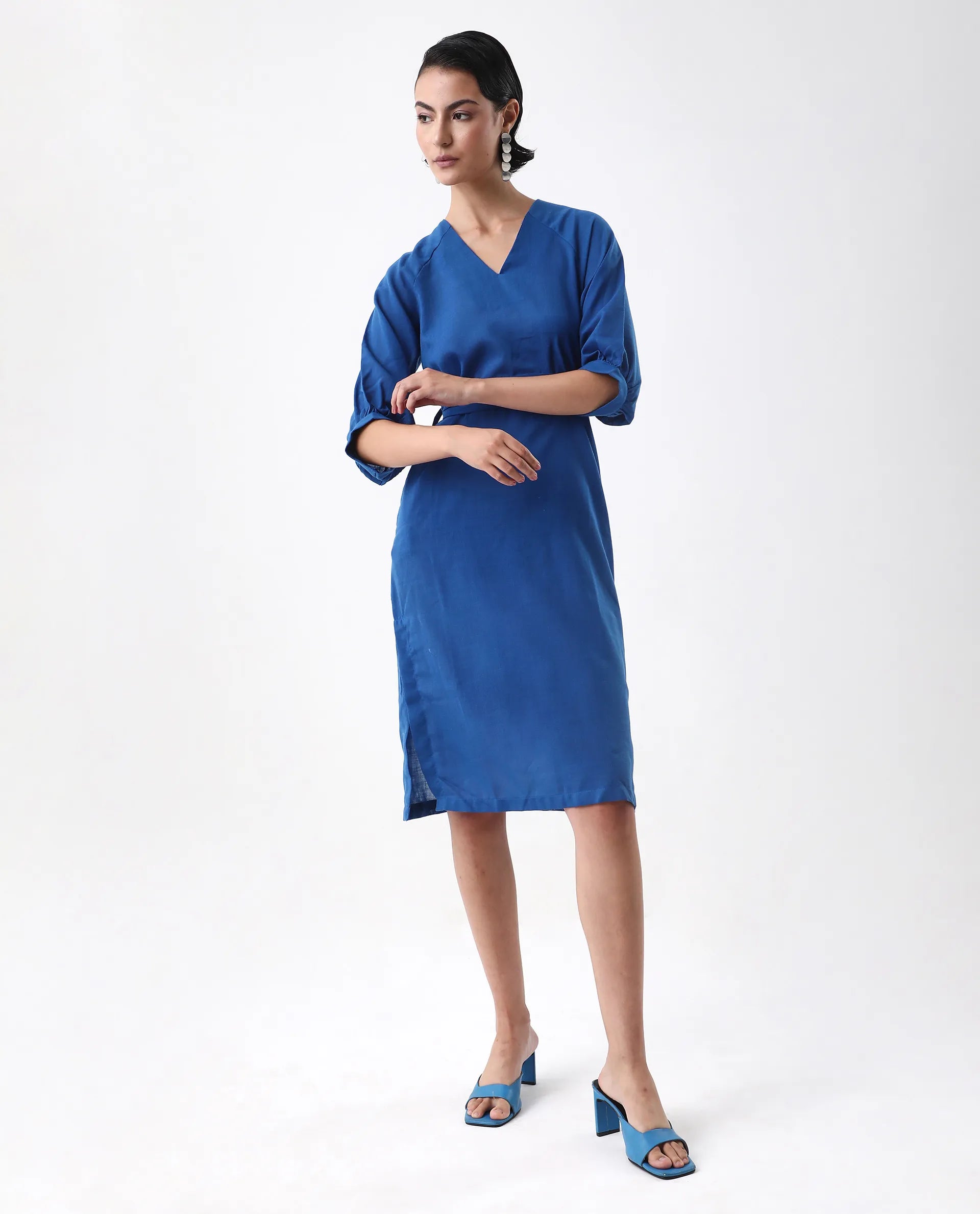 Rareism Women's Elarat Dark Blue Linen V-Neck Plain Bishop Sleeve Midi A-Line Dress