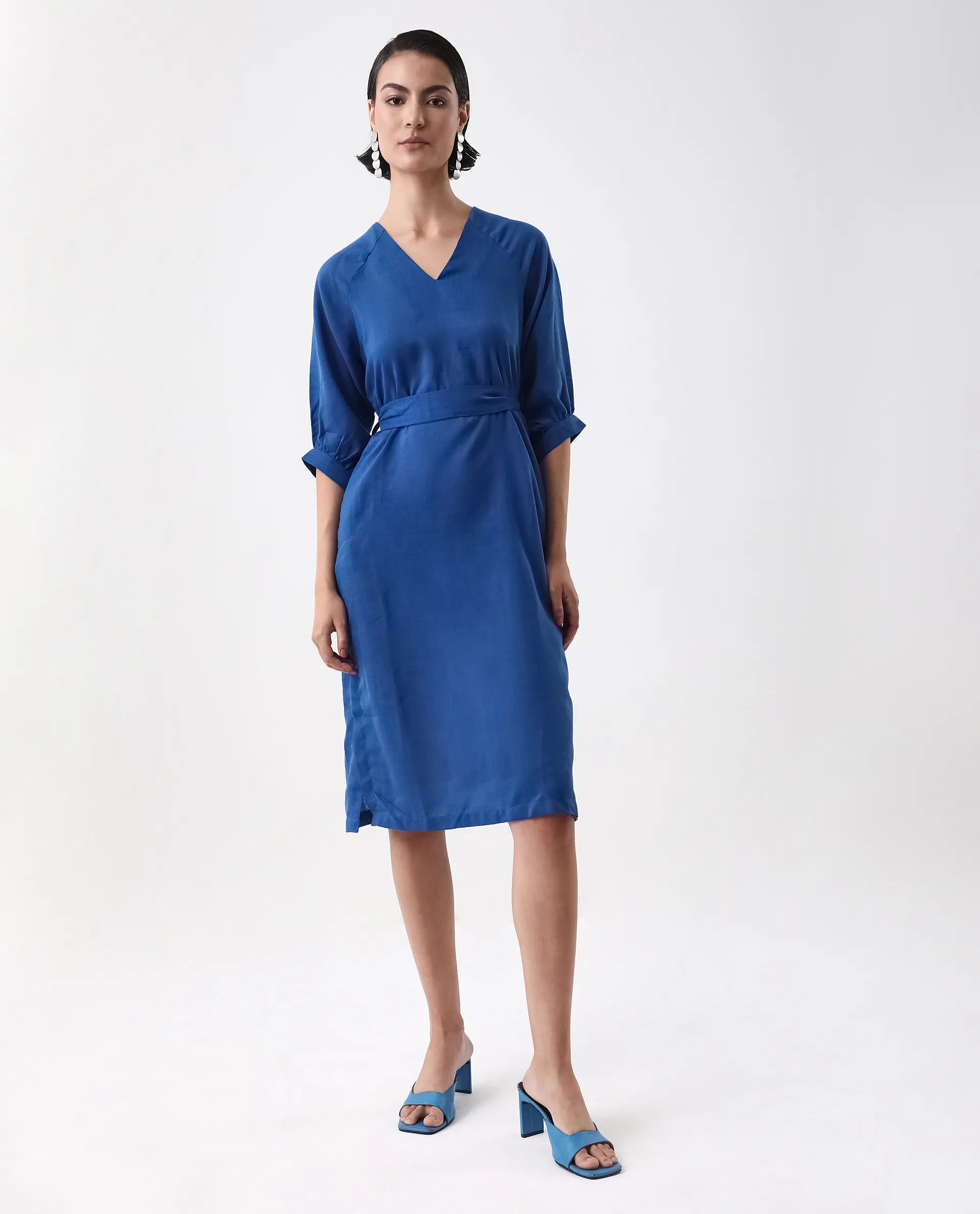 Rareism Women's Elarat Dark Blue Linen V-Neck Plain Bishop Sleeve Midi A-Line Dress