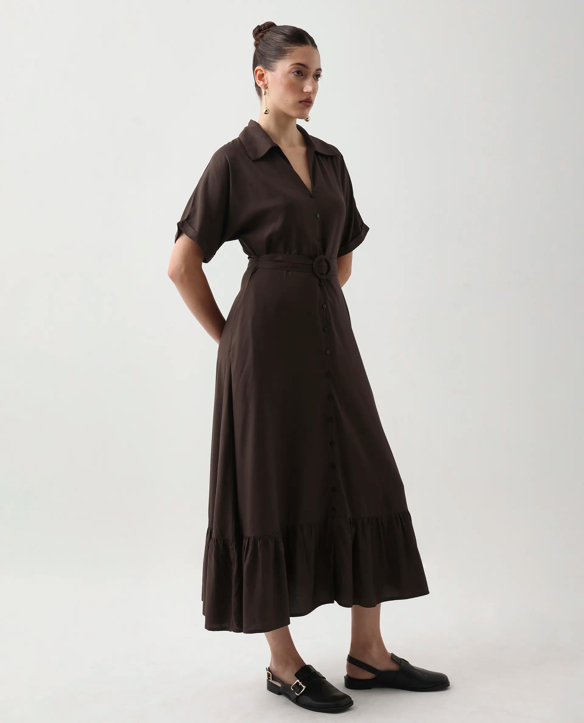 Rareism Women's Elate Brown Viscose Johnny Collar A-Line Plain Midi Dress