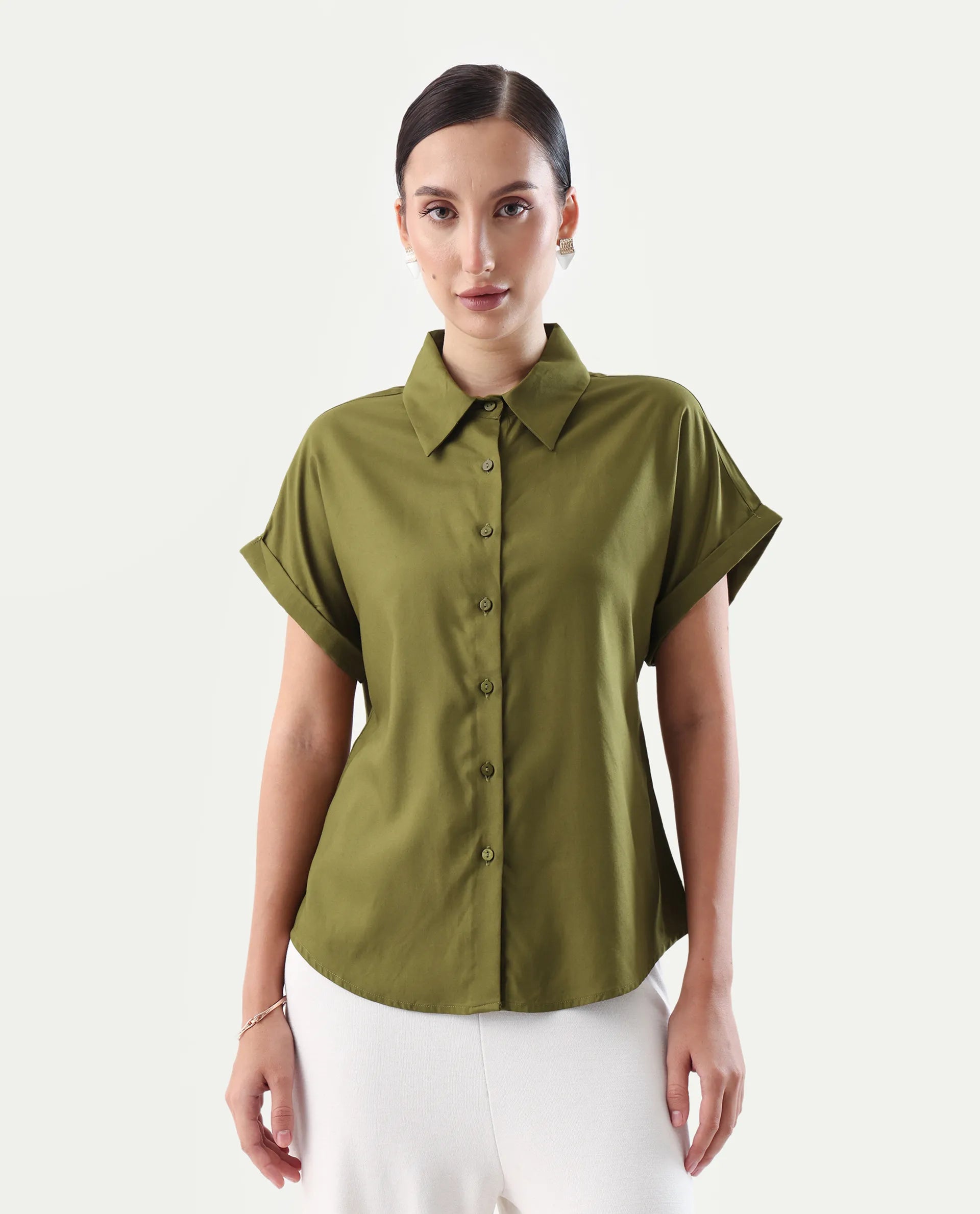 Rareism Women's Elcee Olive Viscose Collared Neck Regular Fit Shirt