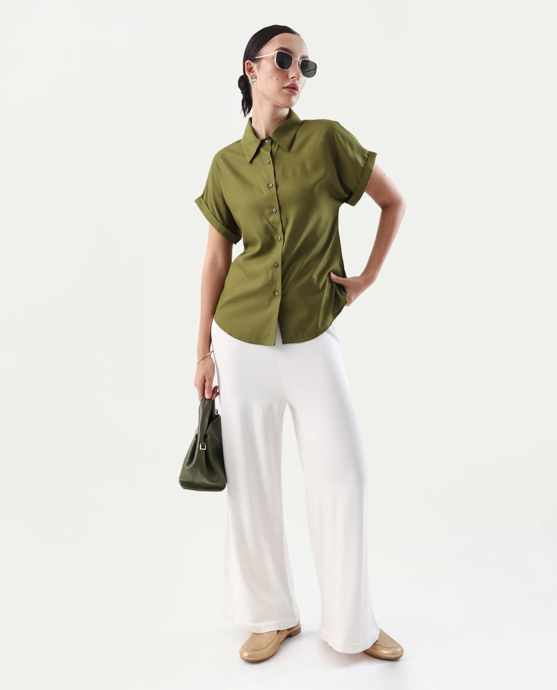 Rareism Women's Elcee Olive Viscose Collared Neck Regular Fit Shirt
