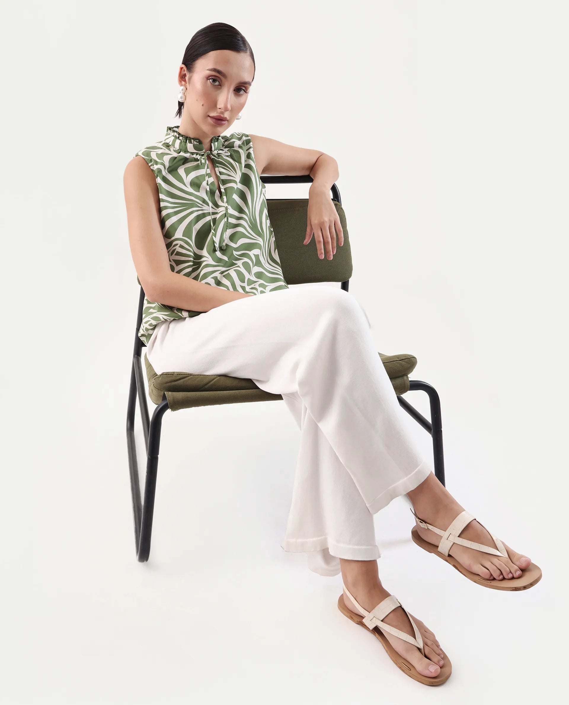 Rareism Women's Elcie Olive Cotton Mandarin Collar Regular Fit Top