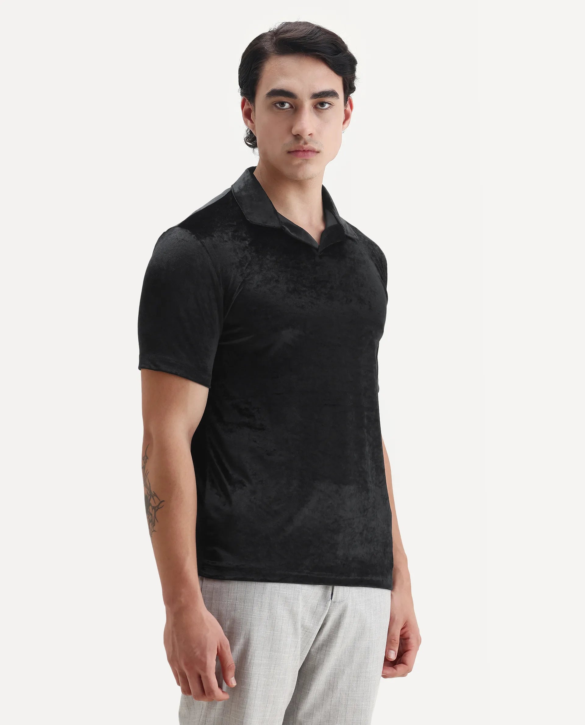 Rare Rabbit Men's Electro 1 Black Polyester Plain Regular Fit Half Sleeve Polo