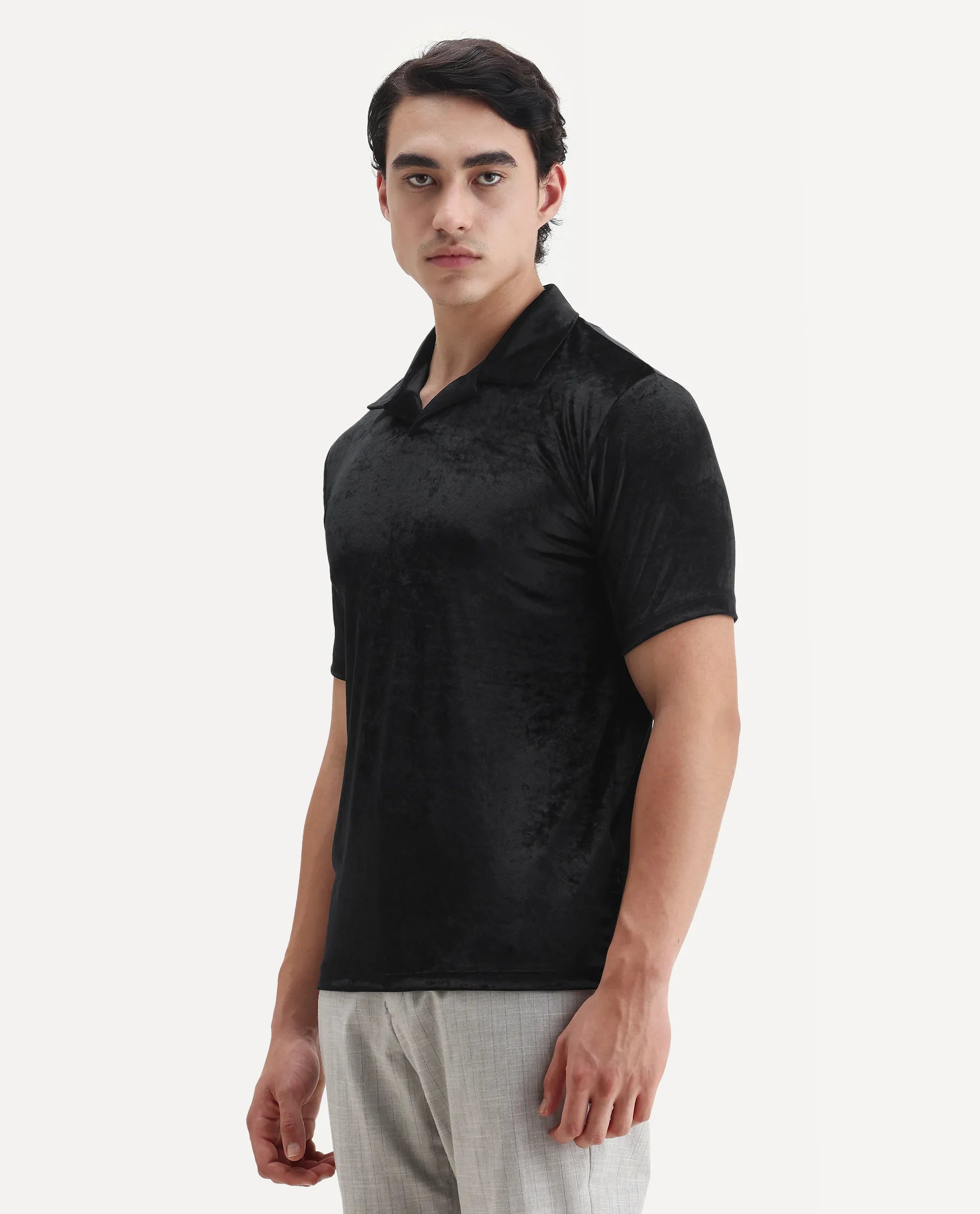 Rare Rabbit Men's Electro 1 Black Polyester Plain Regular Fit Half Sleeve Polo