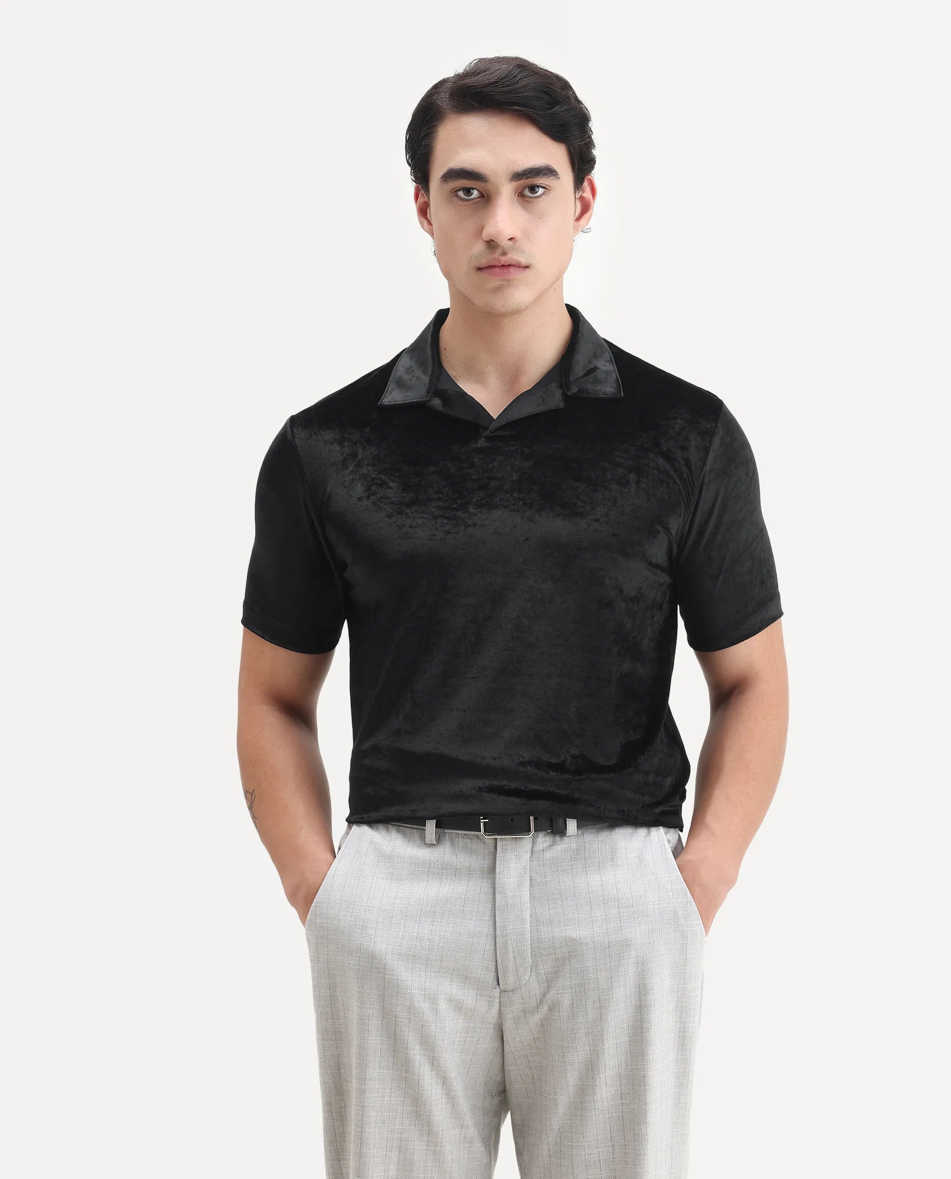 Rare Rabbit Men's Electro 1 Black Polyester Plain Regular Fit Half Sleeve Polo