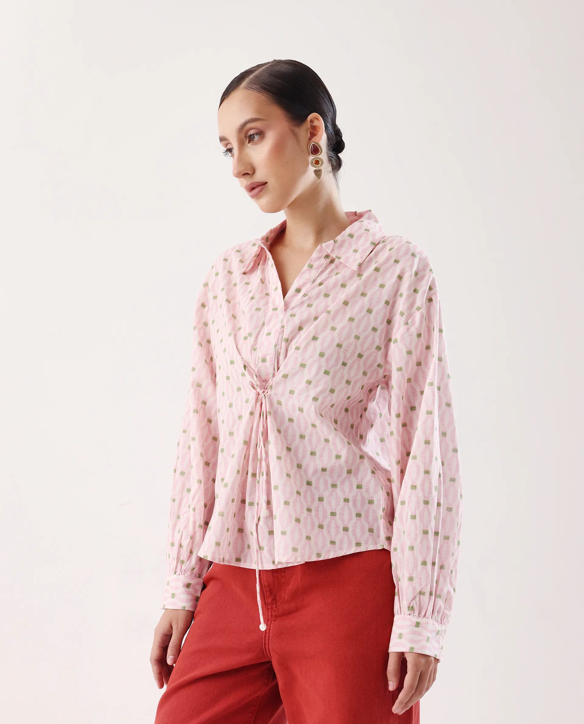 Rareism Women's Eldan Pink Cotton Collared Neck Relaxed Fit Top