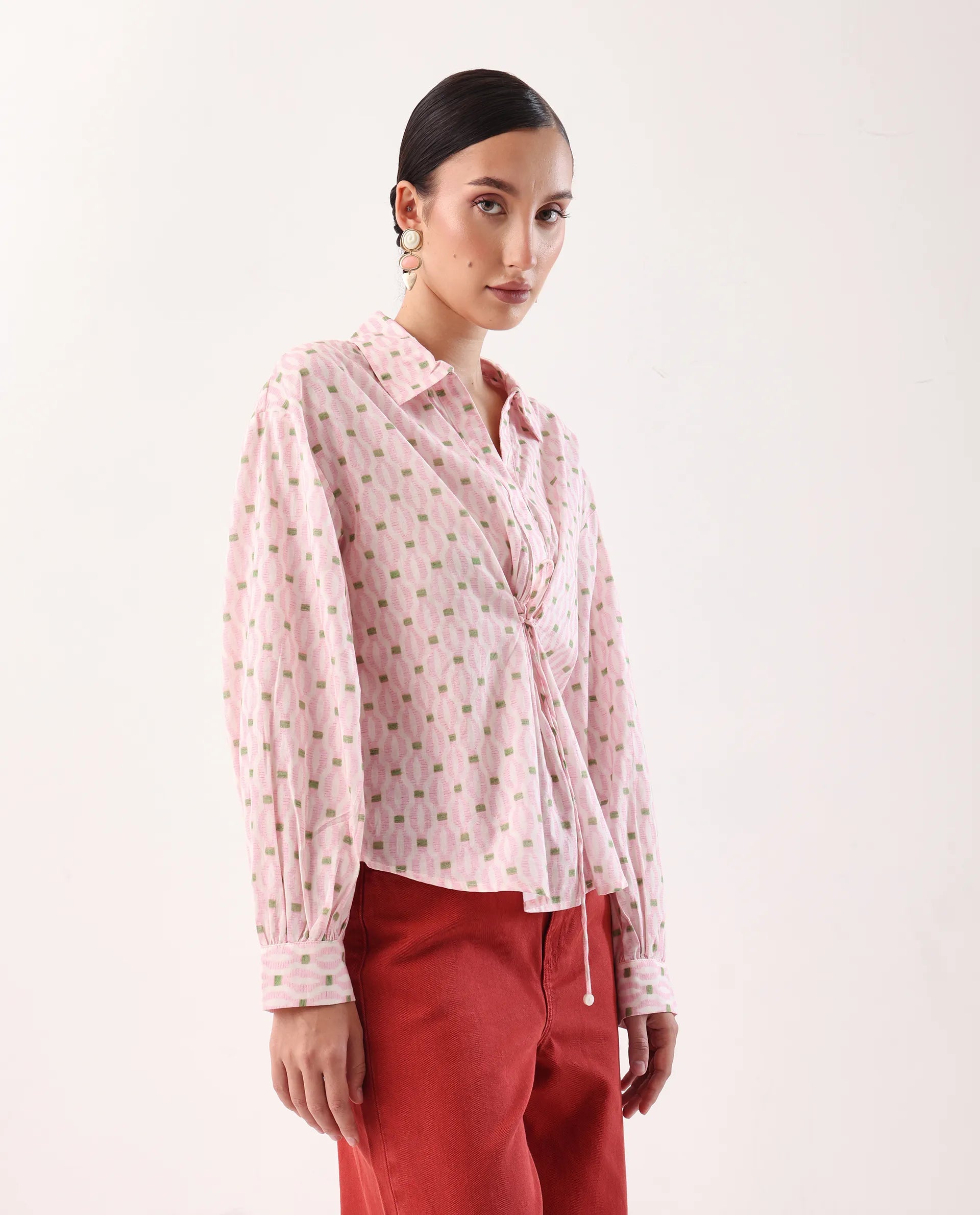 Rareism Women's Eldan Pink Cotton Collared Neck Relaxed Fit Top