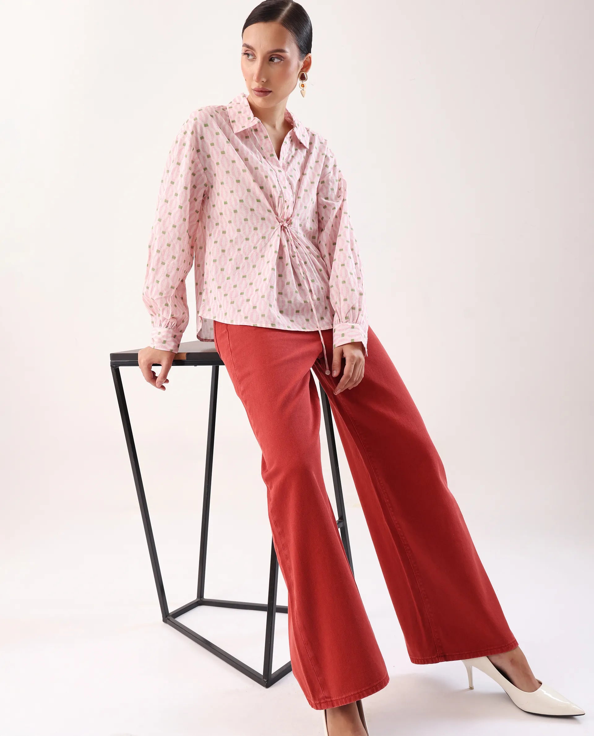 Rareism Women's Eldan Pink Cotton Collared Neck Relaxed Fit Top