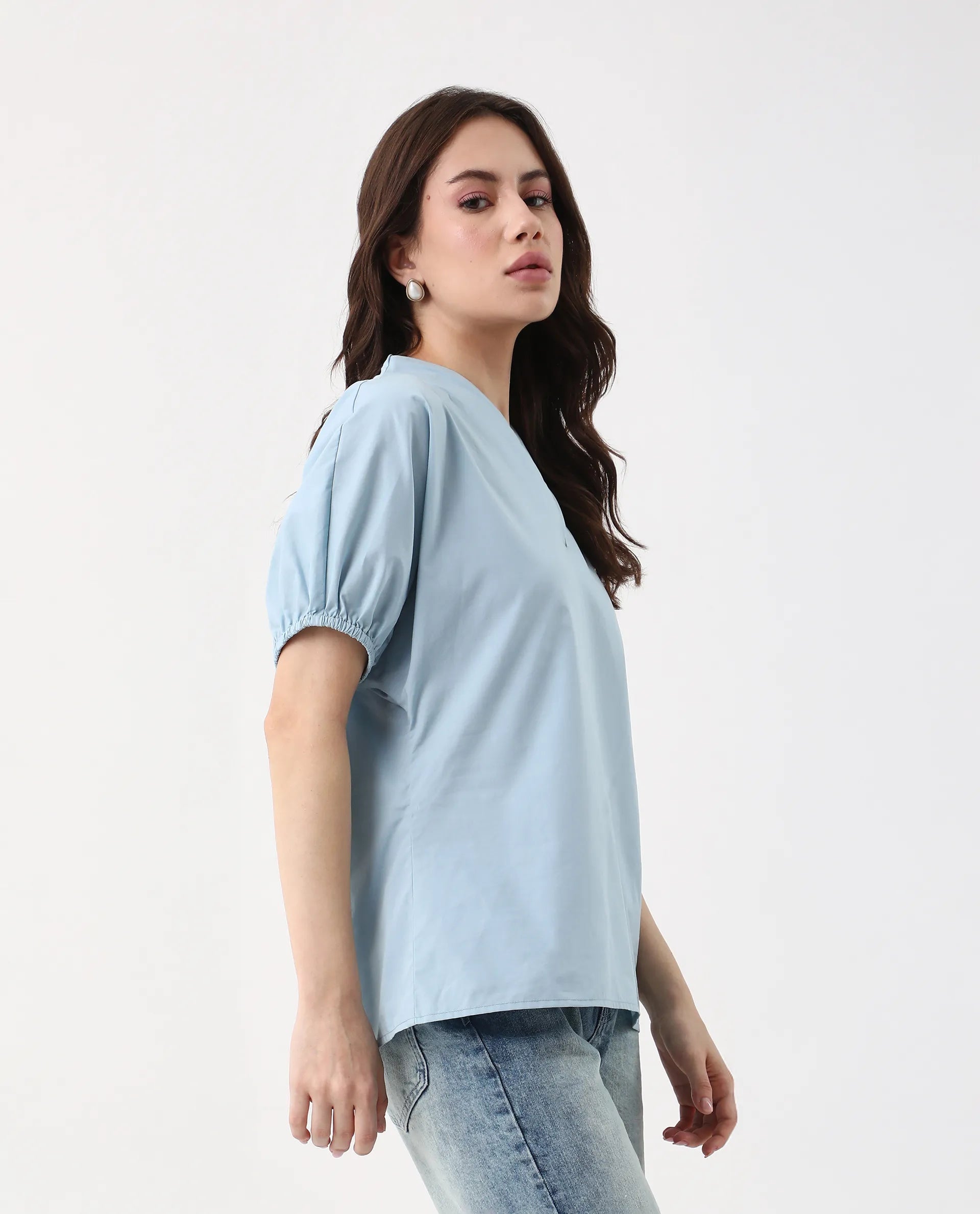 Rareism Women's Eldee Blue Cotton V-Neck Regular Fit Plain Top