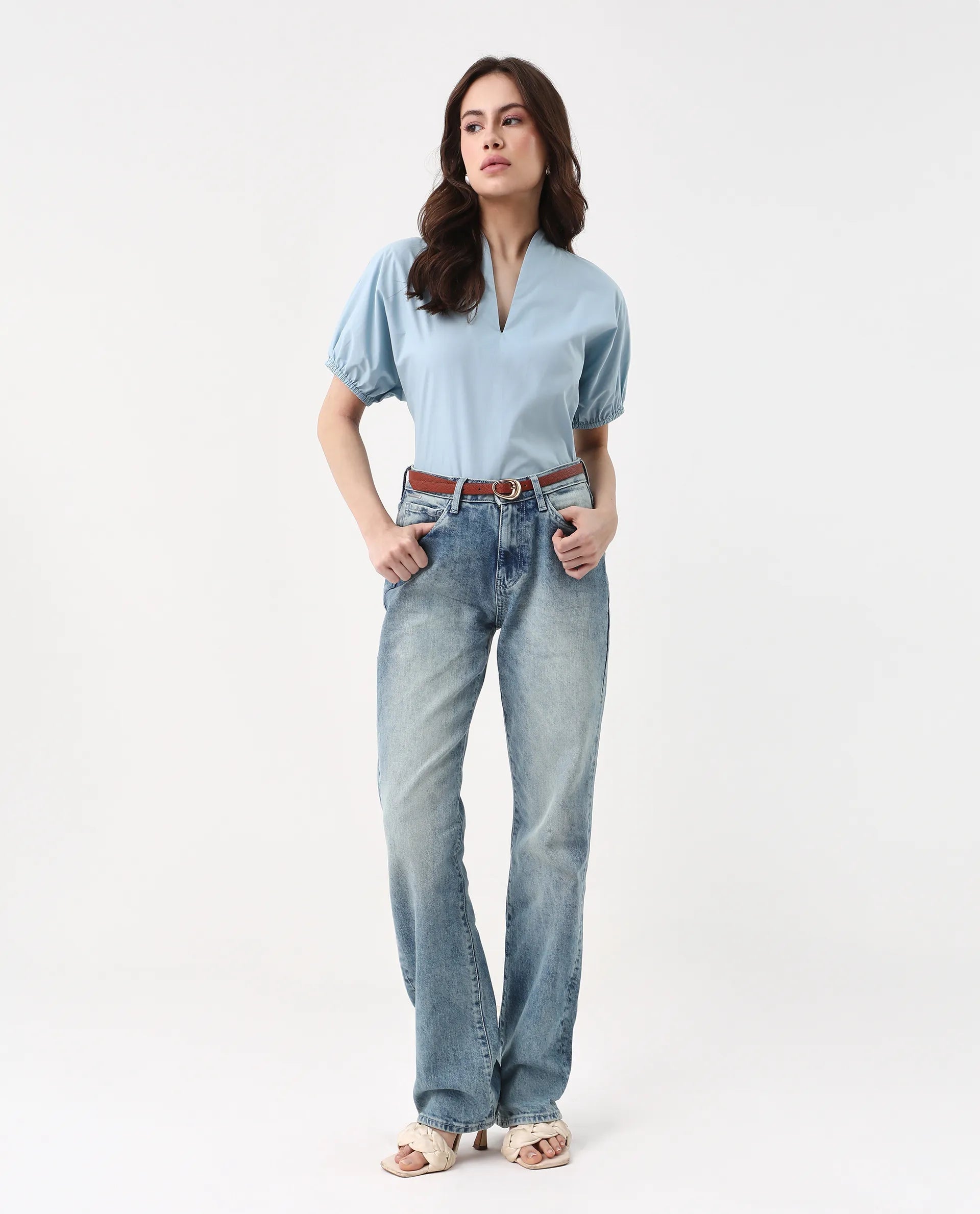 Rareism Women's Eldee Blue Cotton V-Neck Regular Fit Plain Top