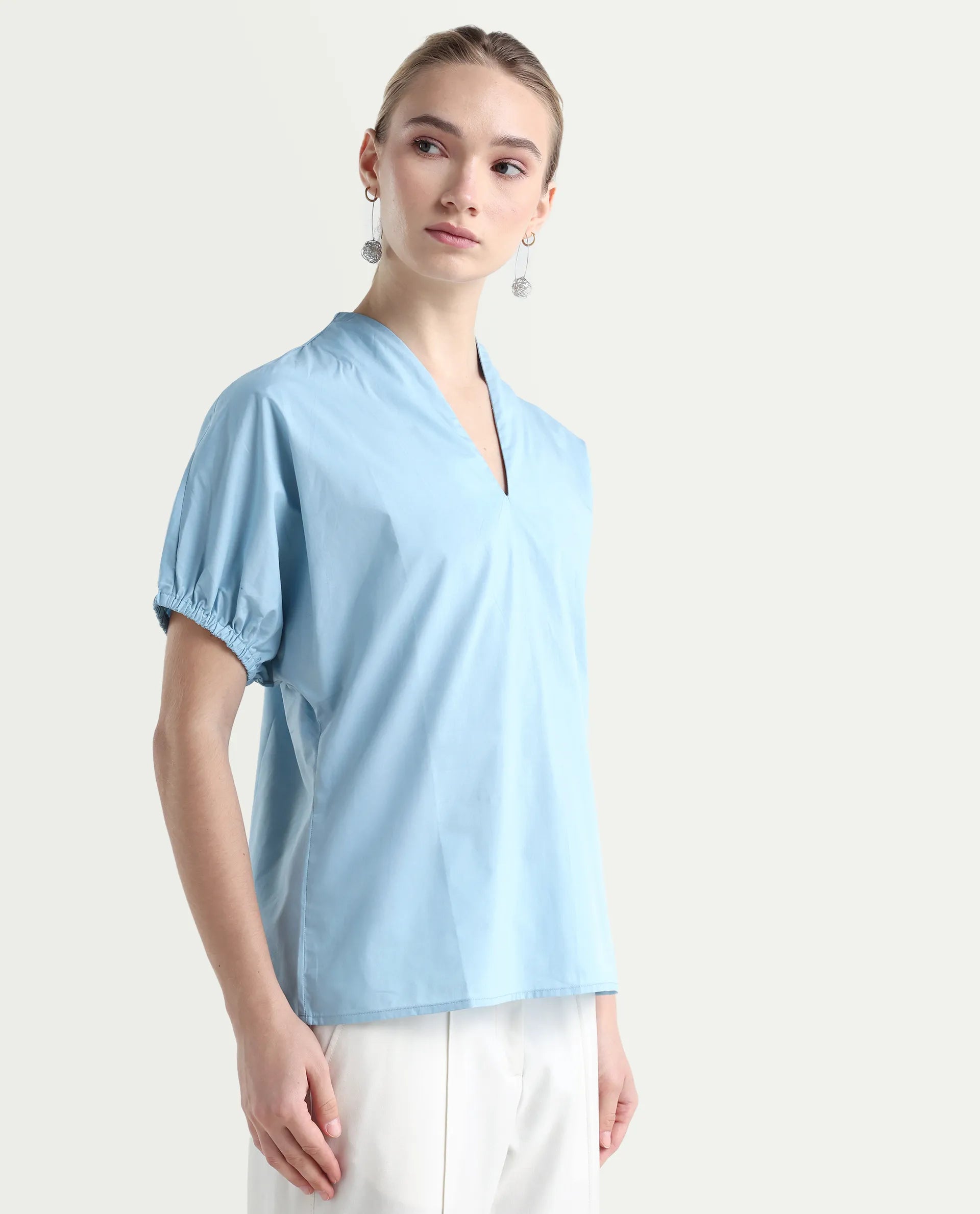 Rareism Women's Eldee Blue Cotton V-Neck Regular Fit Plain Top